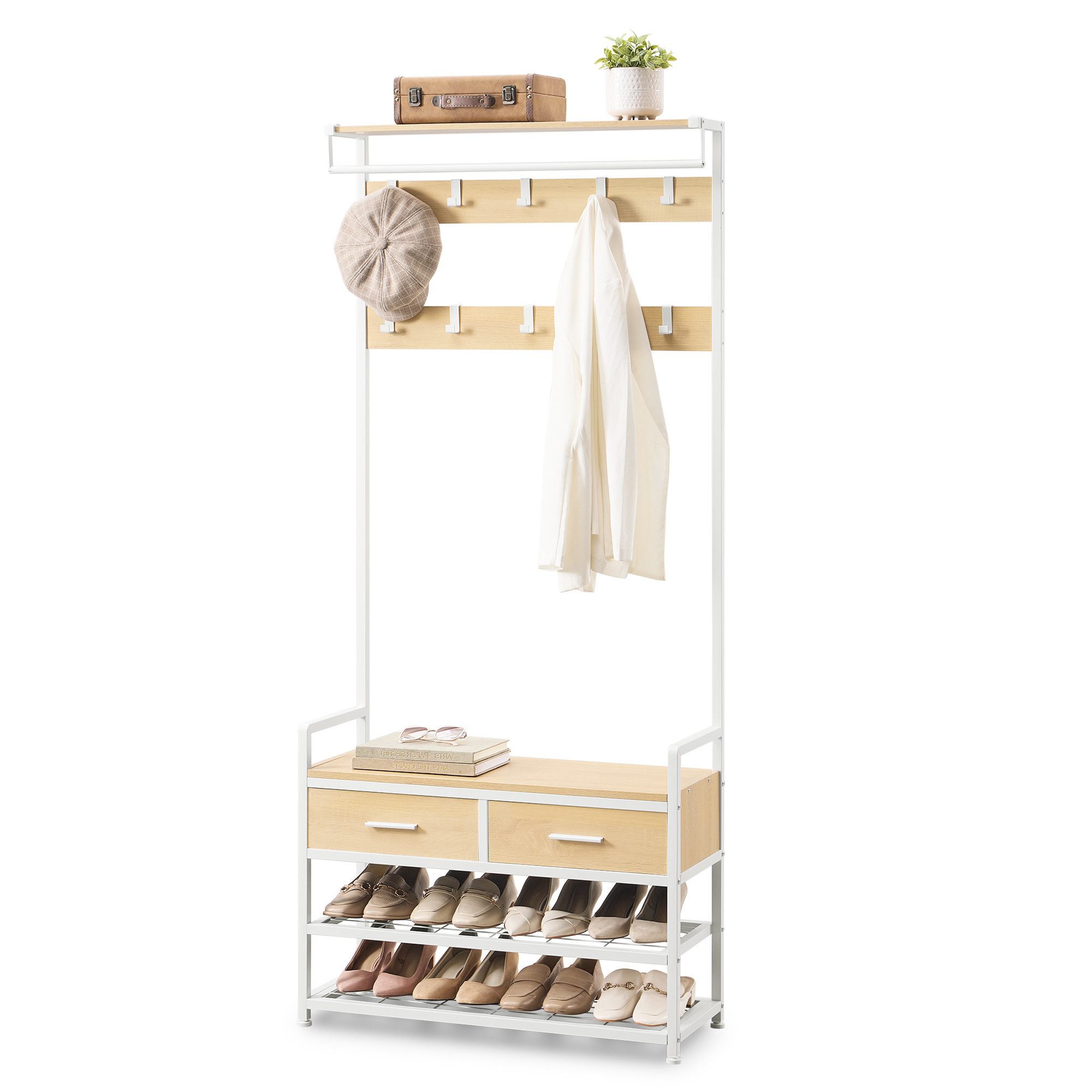 VASAGLE Garderobenständer Garderobe, mit Schuhbank, 2 Schubladen aus Stoff, Trennbares Design