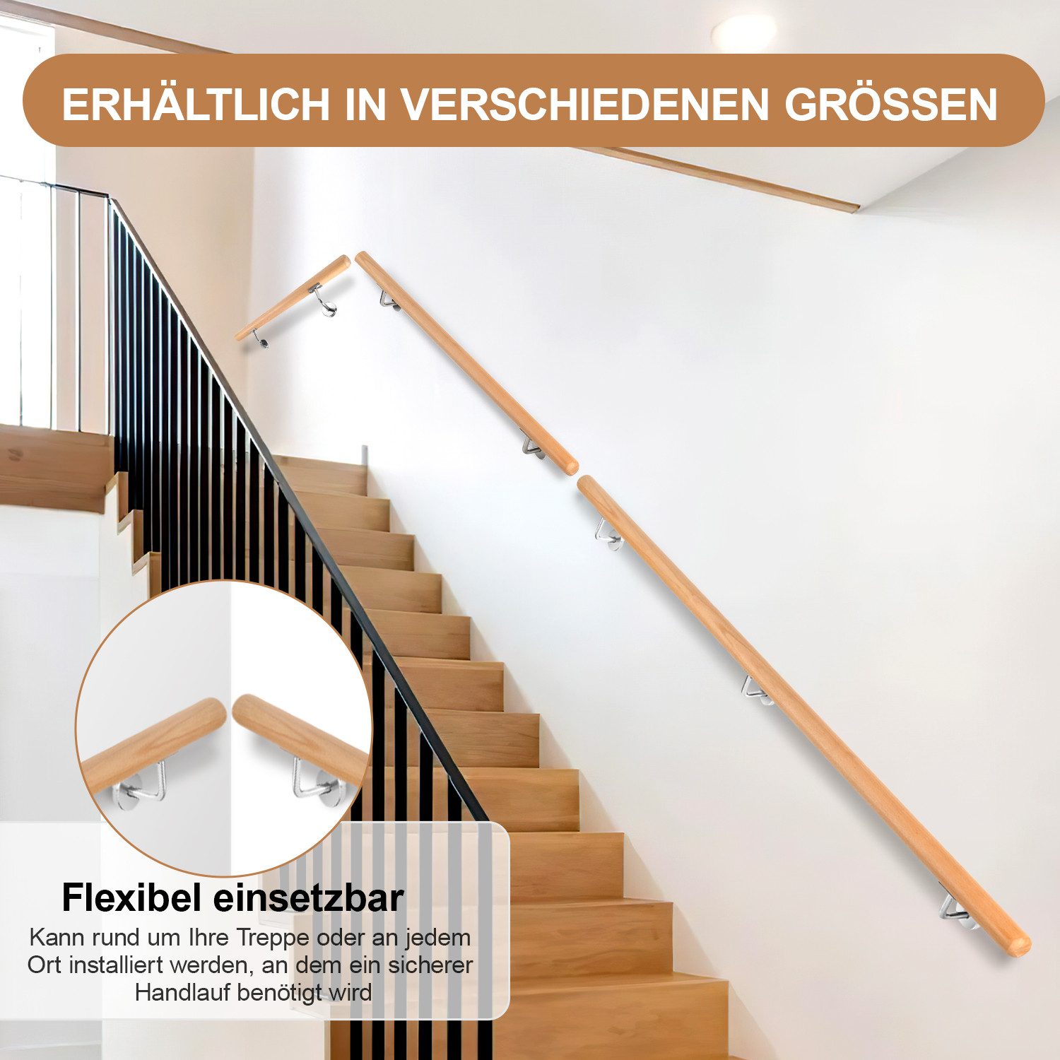 Clanmacy Handlauf 50cm mit gewinkelte Halter Stufe Wand Geländer Handlaufset, 50 cm Gesamtlänge, (Wandhandlauf Wandhalterung Innen & Außen), Wandhandlauf Wandha – Bild 4 von 5