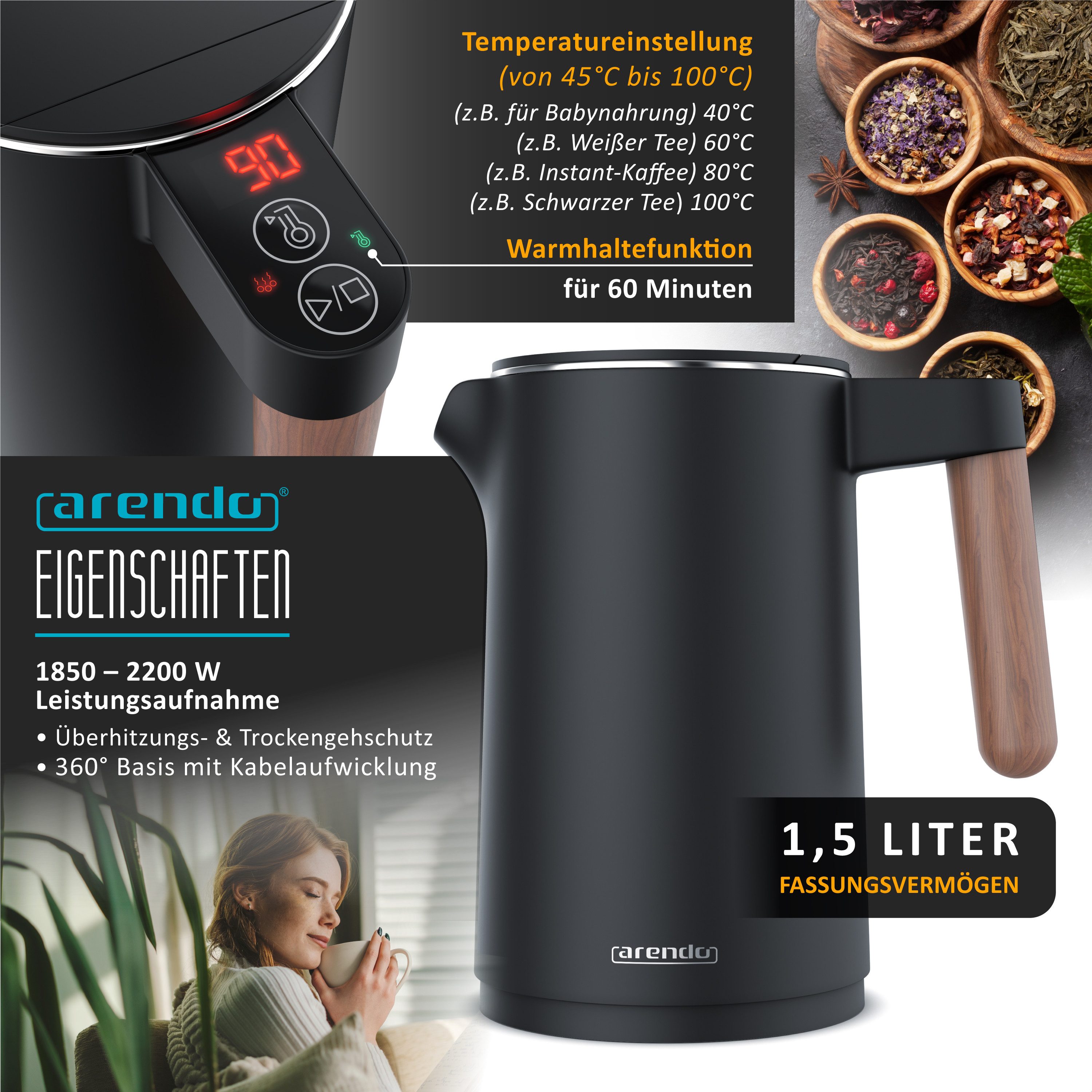 Arendo Frühstücks-Set Edelstahl Wasserkocher 1,5l, 2-Scheiben Kurzschlitz Toaster, schwarz (2-tlg), Wasserkocher mit Temperatureinstellung, Toaster Brötchenaufs – Bild 2 von 5