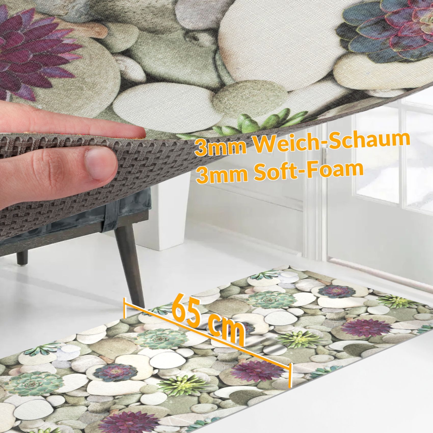 ANRO Küchenläufer RANNA Hochwertig Küchenteppich Teppich Textil, Eckig, Bodenläufer 100x65cm Spa Steine Grau pflegeleicht