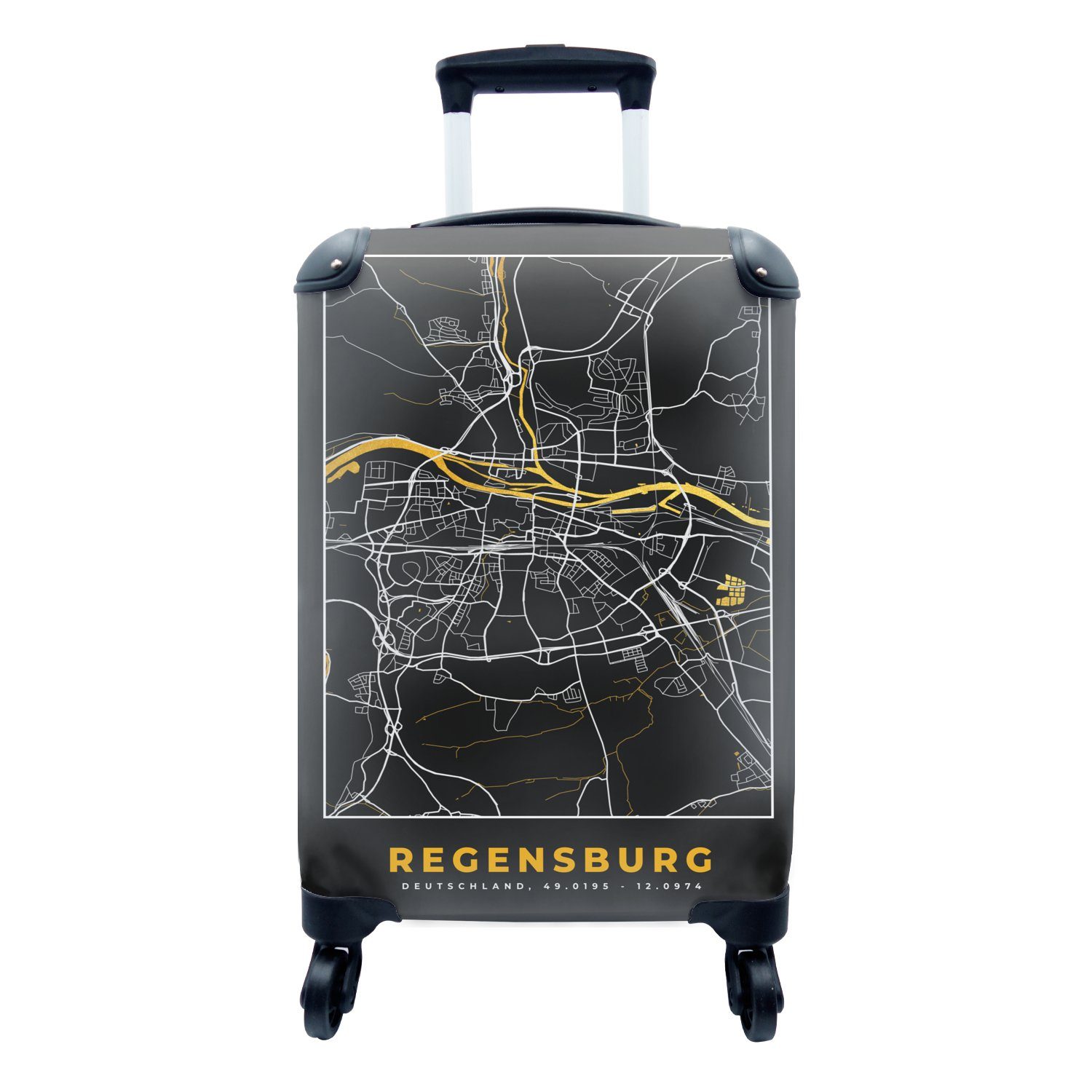 MuchoWow Handgepäckkoffer Schwarz und Gold - Stadtplan - Regensburg - Deutschland - Karte, 4 Rollen, Reisetasche mit rollen, Handgepäck für Ferien, Trolley, Reisekoffer