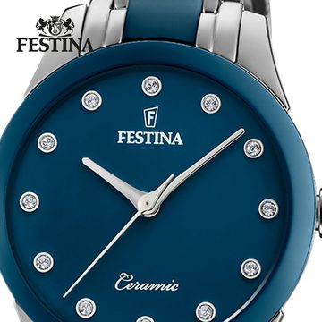 Festina Quarzuhr Festina Damen Uhr F20499/2 Edelstahlband, Damen Armbanduhr rund, Edelstahl, Keramikarmband silber, blau, Fashion