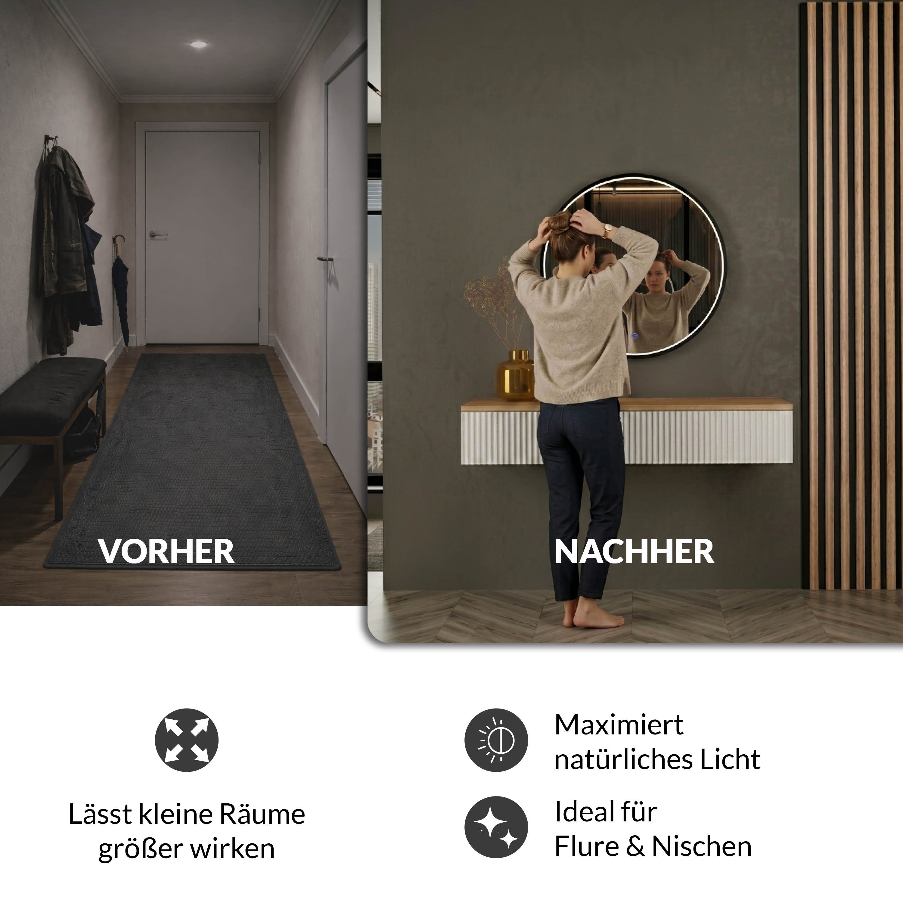 Planetmöbel Konsolentisch AMYRA Flurtisch 100 cm, VELUNA Spiegel mit Beleuchtung 60 - 100 cm (Konsolentisch 100 cm, 2-St., inkl. Spiegel mit Beleuchtung rund 60x60 cm), Wandkonsole & Wandspiegel Flur Set