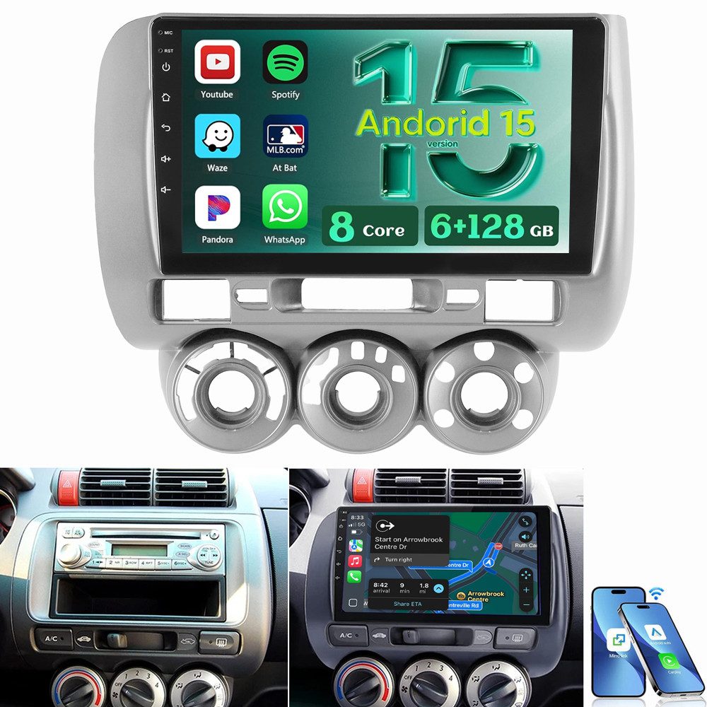 ESSGOO Für Honda Fit Jazz II GD GE2 GE3 2002-2007 6+128G 8-Kern BT 5.0 WIFI Autoradio (Digitalradio (DAB), RDS, FM, AM, 4G LTE Apple Carplay Android Auto Navi WIFI BT)