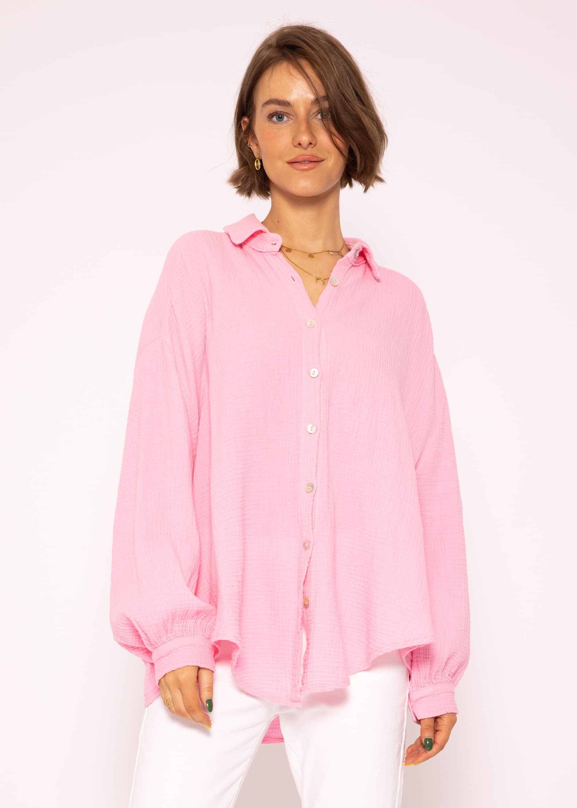 Oversize One Baumwolle Langarm 36-48) Size aus Damen SASSYCLASSY mit Babyrosa Hemdbluse lang (Gr. Longbluse V-Ausschnitt, Musselin Bluse