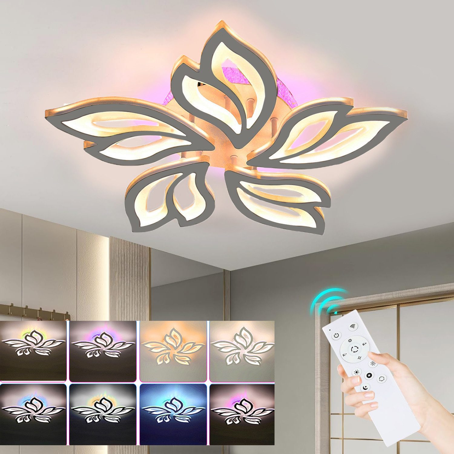 oyajia LED Deckenleuchte 54W Deckenleuchte mit RGB Farbwechsel Lamp, Dimmbar mit Fernbedienung, LED fest integriert, Kaltweiß/Naturweiß/Warmweiß+RGB Hintergrundbeleuchtung Farbwechsel, Modern Blumenform Deckenlampe für Schlafzimmer Kinderzimmer Wohnzimmer