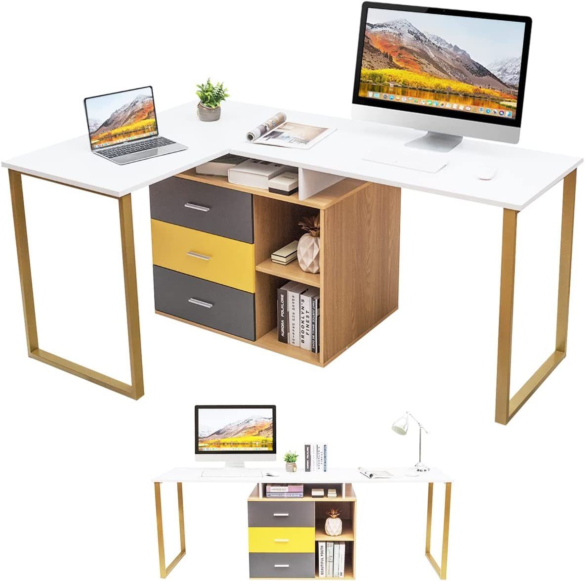COSTWAY Schreibtisch, mit 3 Schubladen&Fächern, für 2 Personen, verstellbar  220cm