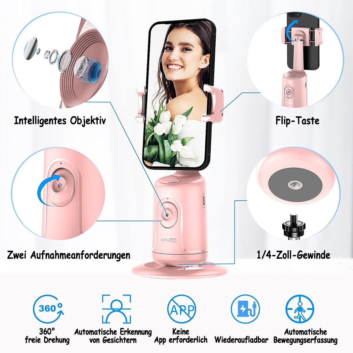 KINSI Smartphone Gimbal mit AI Erkennung - Handy Selfie Halter, 360° Drehung Gimbal (Keine APP erforderlich, Handy-Kopf mit automatischer Gesichtserkennung)