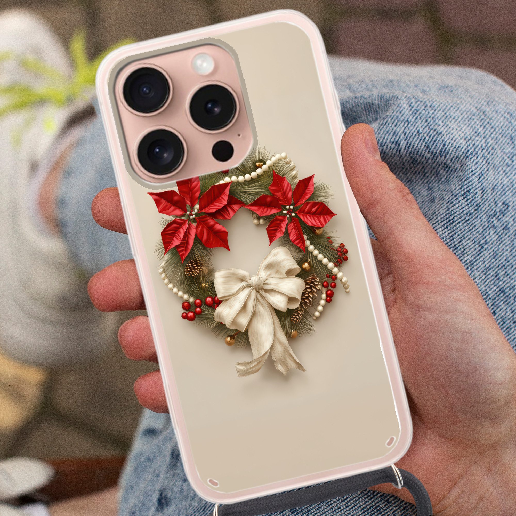 MuchoWow Handyhülle für Apple iPhone 16 Pro Türkranz - Schleife - Weihnachten - Rot - Grün, Tragbare Handyhüllen mit Kette zum umhängen, Handykette Handyband