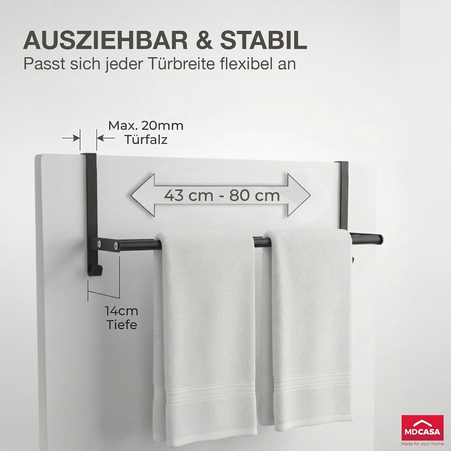 MDCASA Handtuchstange I Stabiler Handtuchhalter ohne Bohren für alle gängigen Türen, Längenverstellbar 43 bis 80 cm, inkl. Kratzschutz – Bild 2 von 5