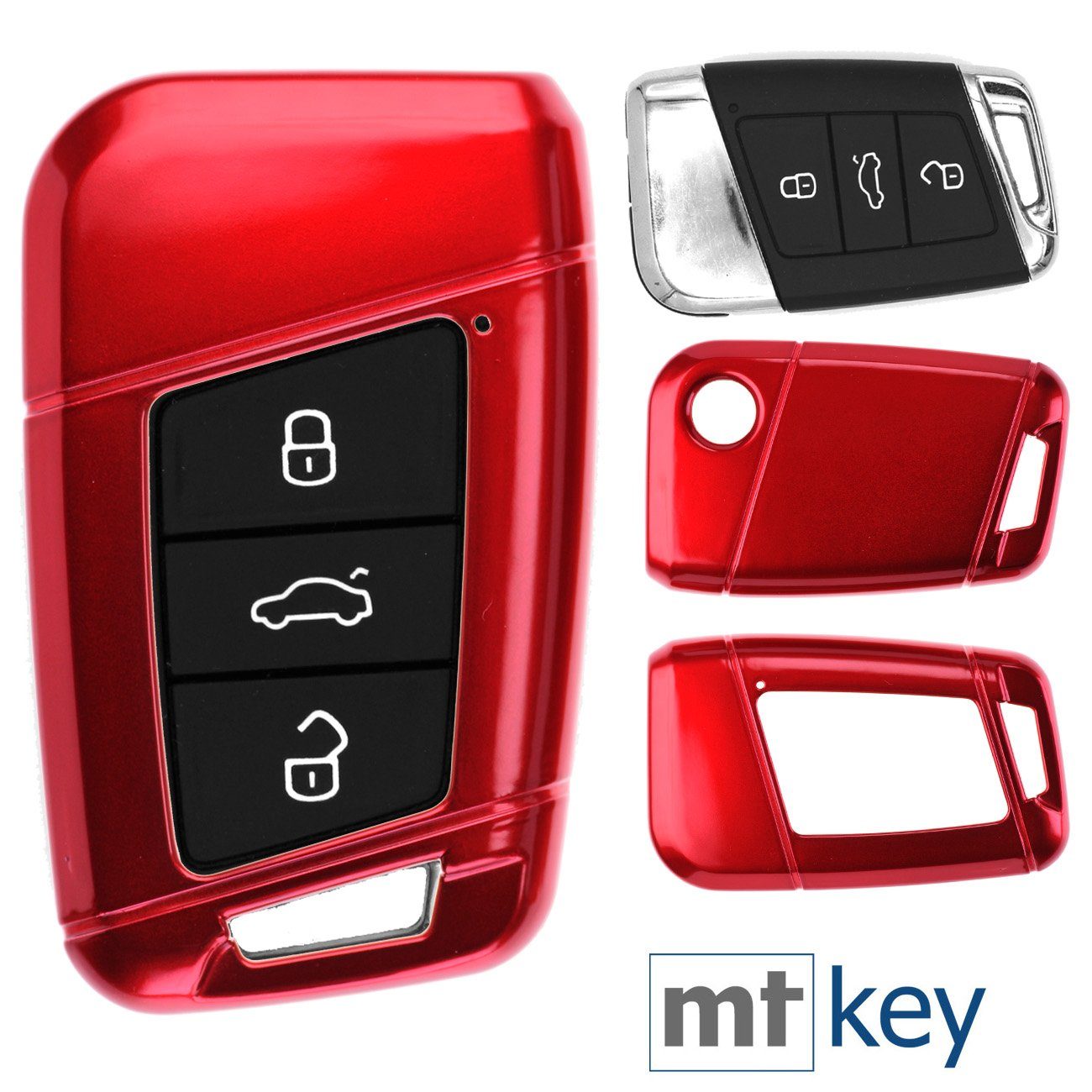 mt-key Schlüsseltasche Autoschlüssel Hardcover B8 VW Schutzhülle SMARTKEY Metallic Arteon Passat KEYLESS Skoda Superb für T-Roc Rot