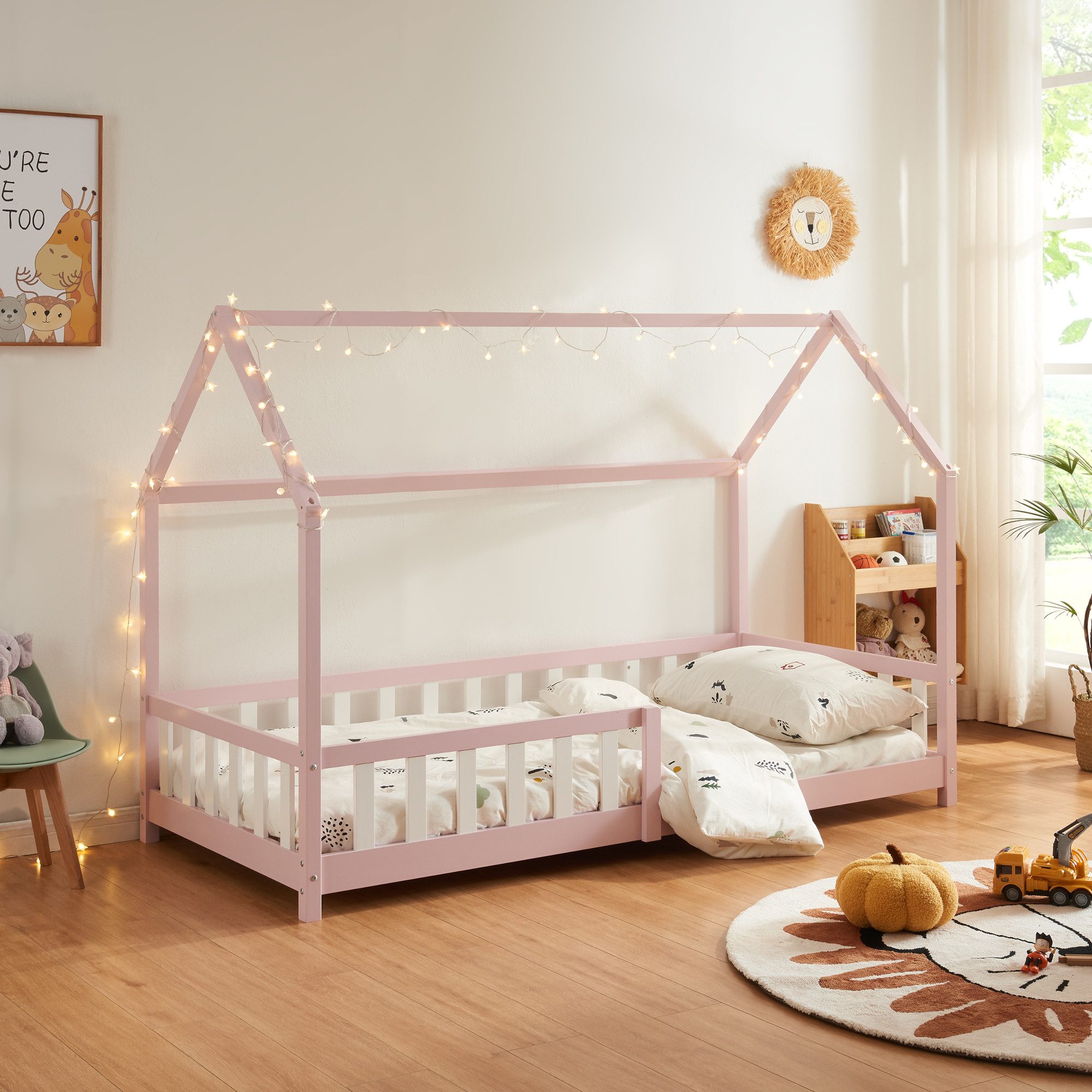 en.casa Hausbett, »Hesel« Montessori Bett Kiefernholz Rosa 90 x 200 cm