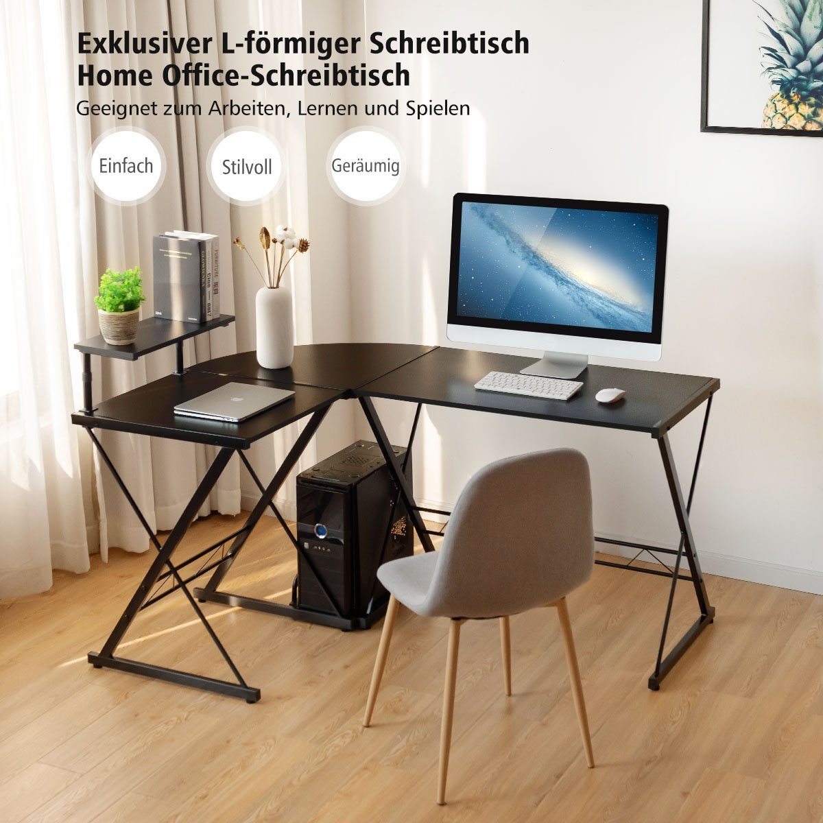 COSTWAY Computertisch, Monitorregal, Schwarz Metallrahmen, CPU-Ständer, 147x112x79cm