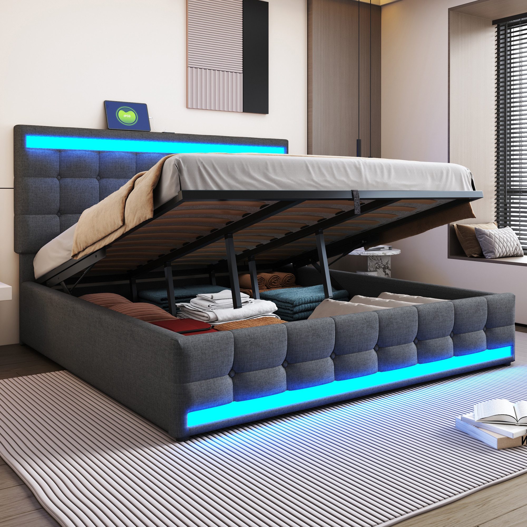 Flieks Polsterbett, LED Doppelbett Stauraumbett 2 USB-Anschluss 180x200cm L günstig online kaufen