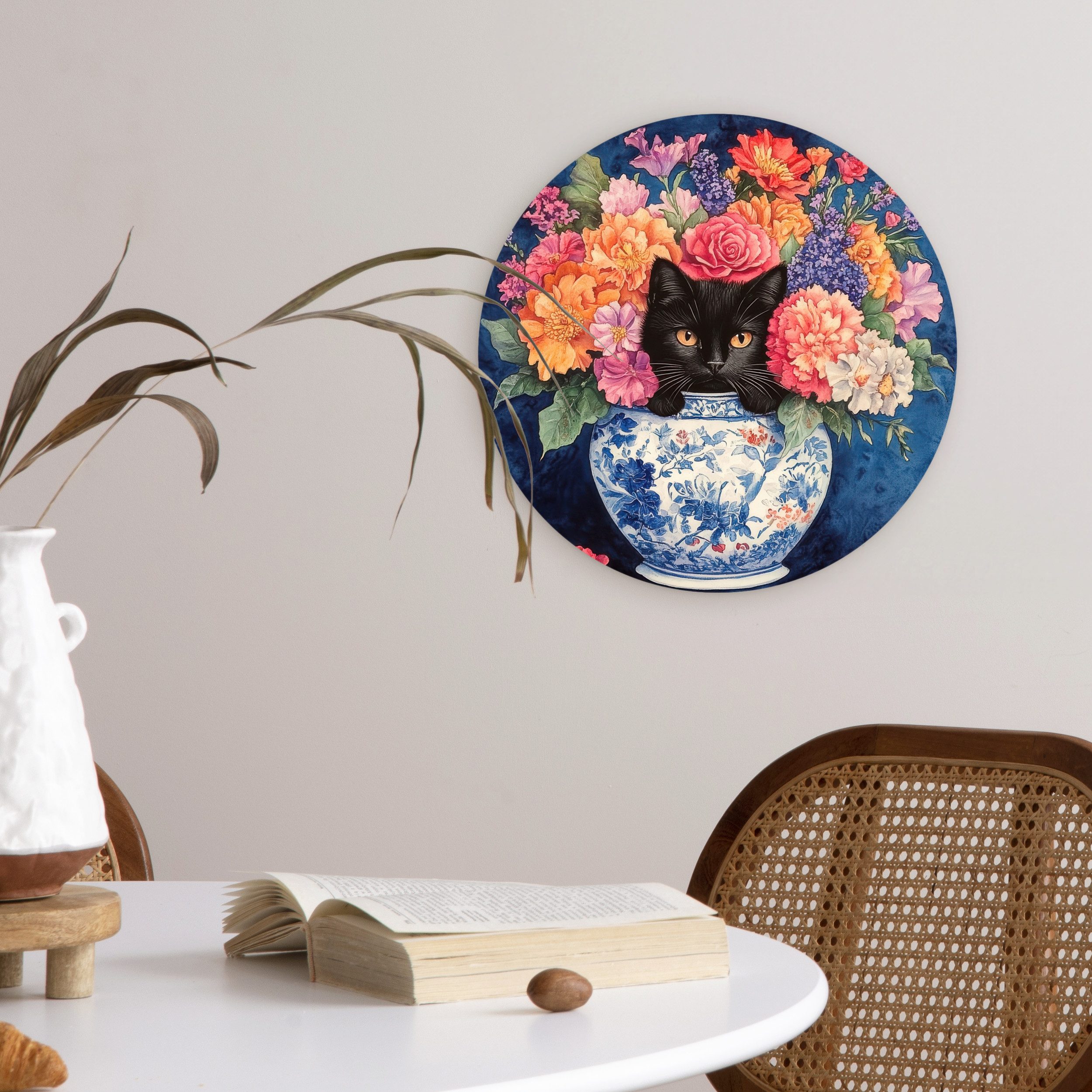 MuchoWow Gemälde Katze - Bunte Blumen - Vase, Fotodruck (1 St), Kreis Wanddekoration, Rundes Wandbild, 30x30 cm