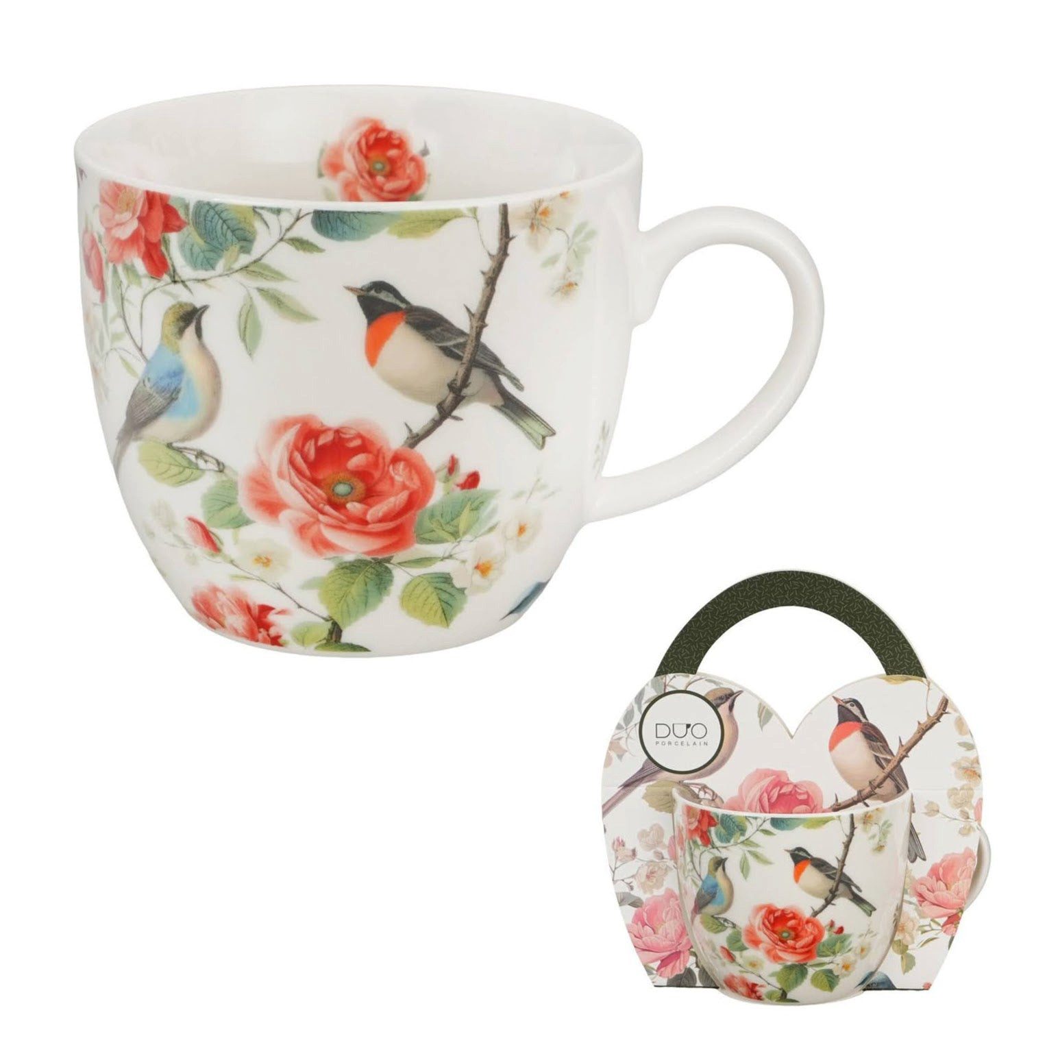 Duo-Gift Tasse DUO Porcelain – Tasse April im Geschenkkörbchen (460 ml) Vögel