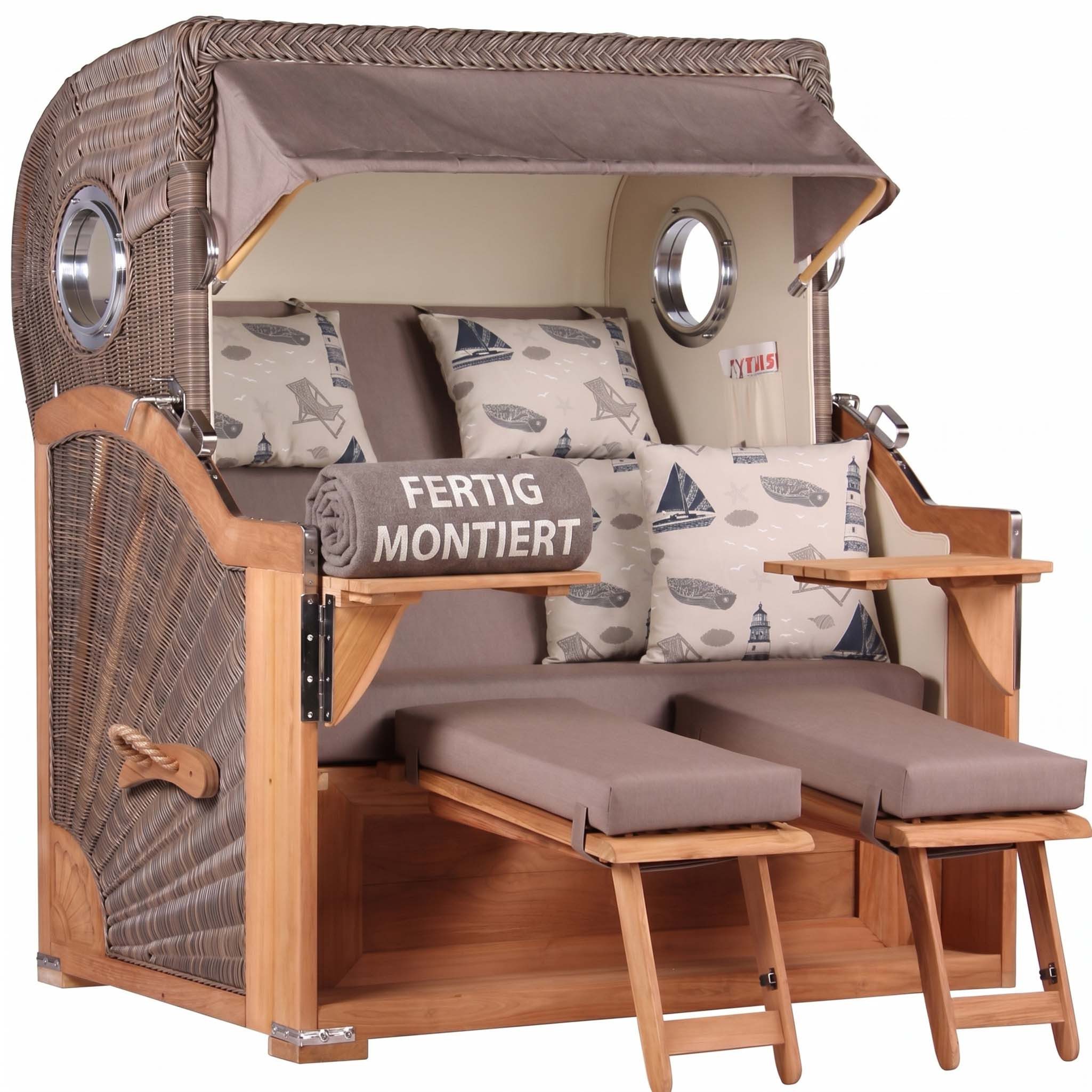 MR.DEKO Strandkorb XXL Baltikum 2,5-Sitzer Bullauge Teak PE Grey 142x170x95, BxTxH: 142x95x170 cm, Volllieger, Baltikum, (Wetterfester 2,5-Sitzer Strandkorb für Garten, Terrasse & Balkon), Volllieger mit Stauraum, Bullaugen & Edelstahl – komplett montiert