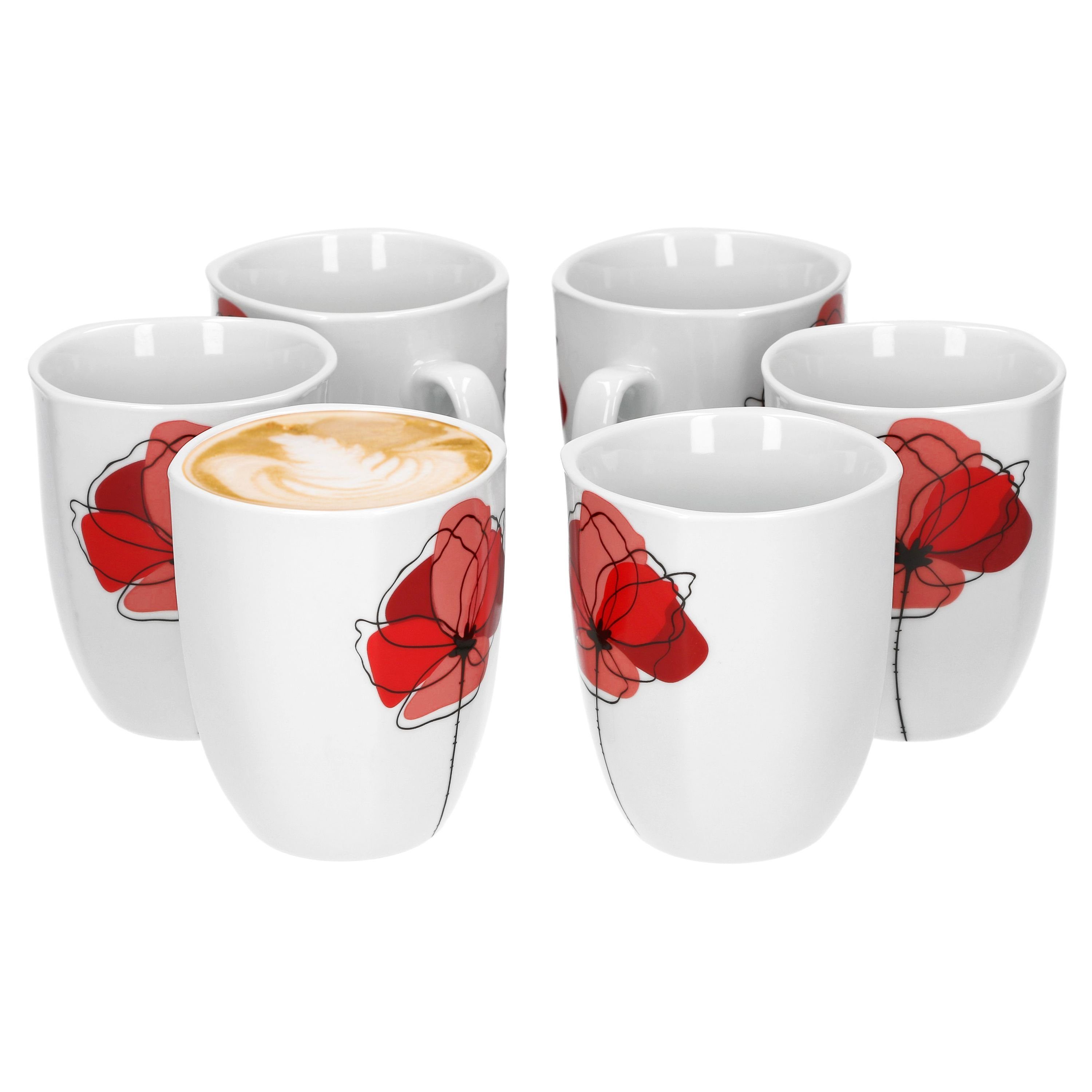 van Well Becher 6er Set Kaffeebecher Monika Mohn Blume Tasse Porzellan 33cl, Porzellan