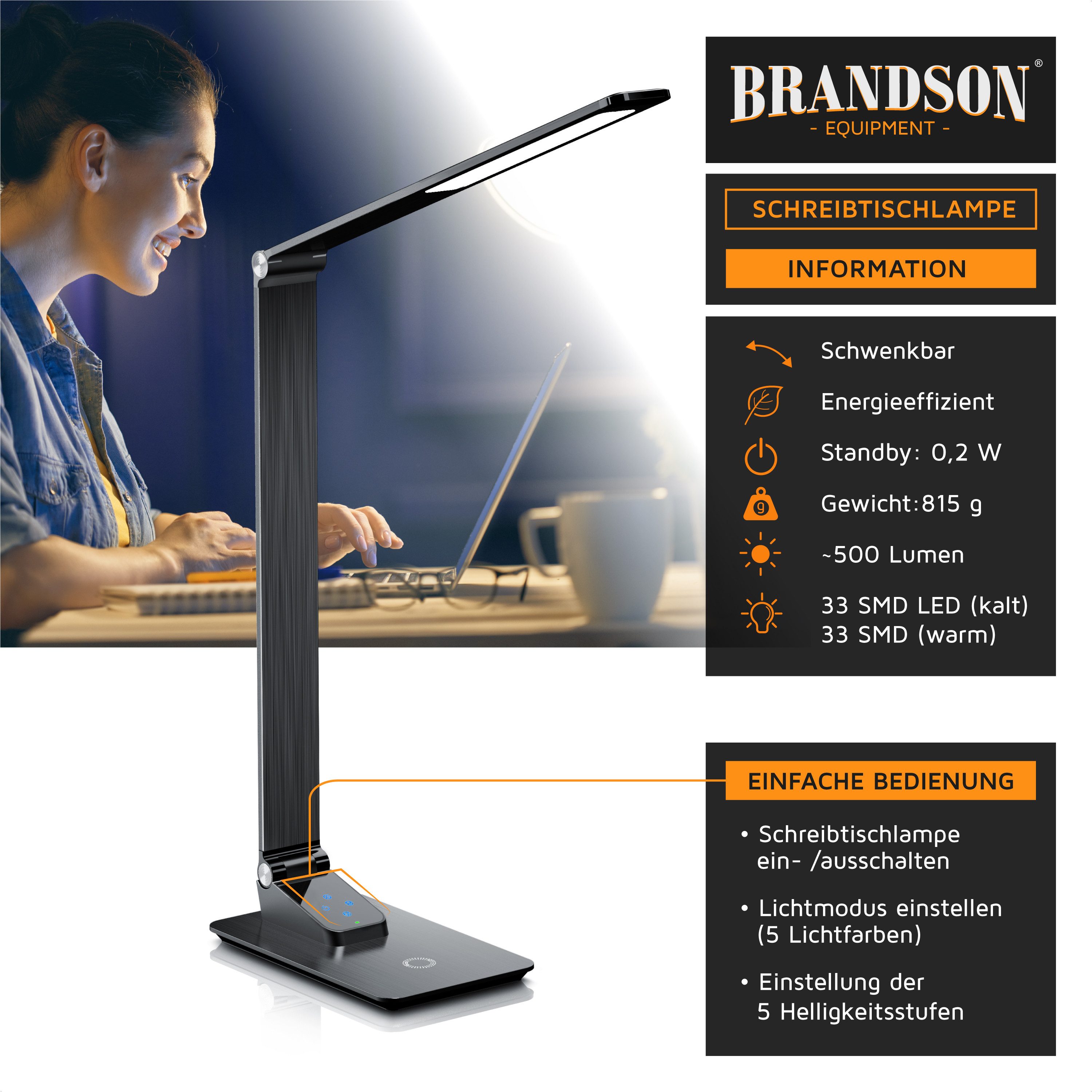 Brandson Schreibtischlampe Metall-Design, kabelloses Laden, USB Ladeanschlu günstig online kaufen