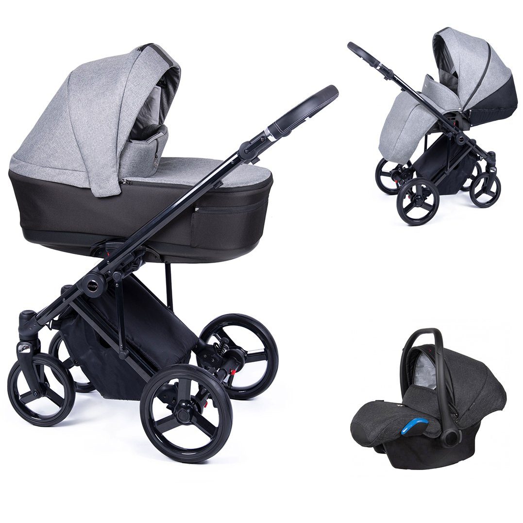 babies-on-wheels Kombi-Kinderwagen 3 in 1 Kinderwagen-Set Fado - 15 Teile - in 24 Designs Grau = Gestell schwarz