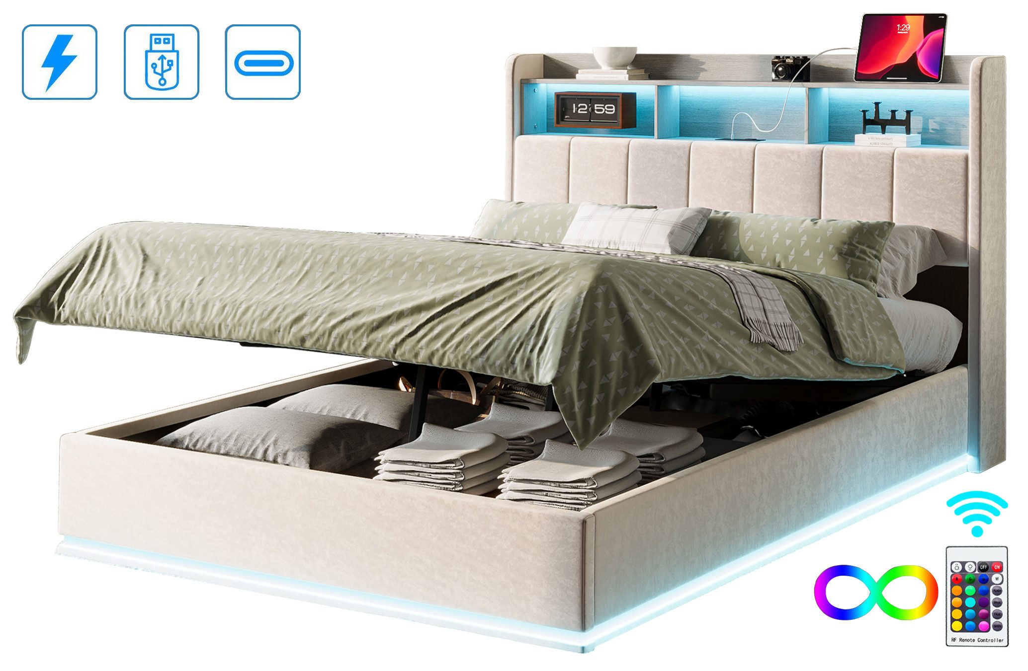 FUROKOY Polsterbett Doppelbett Stauraumbett Hydraulisch anhebbarer günstig online kaufen
