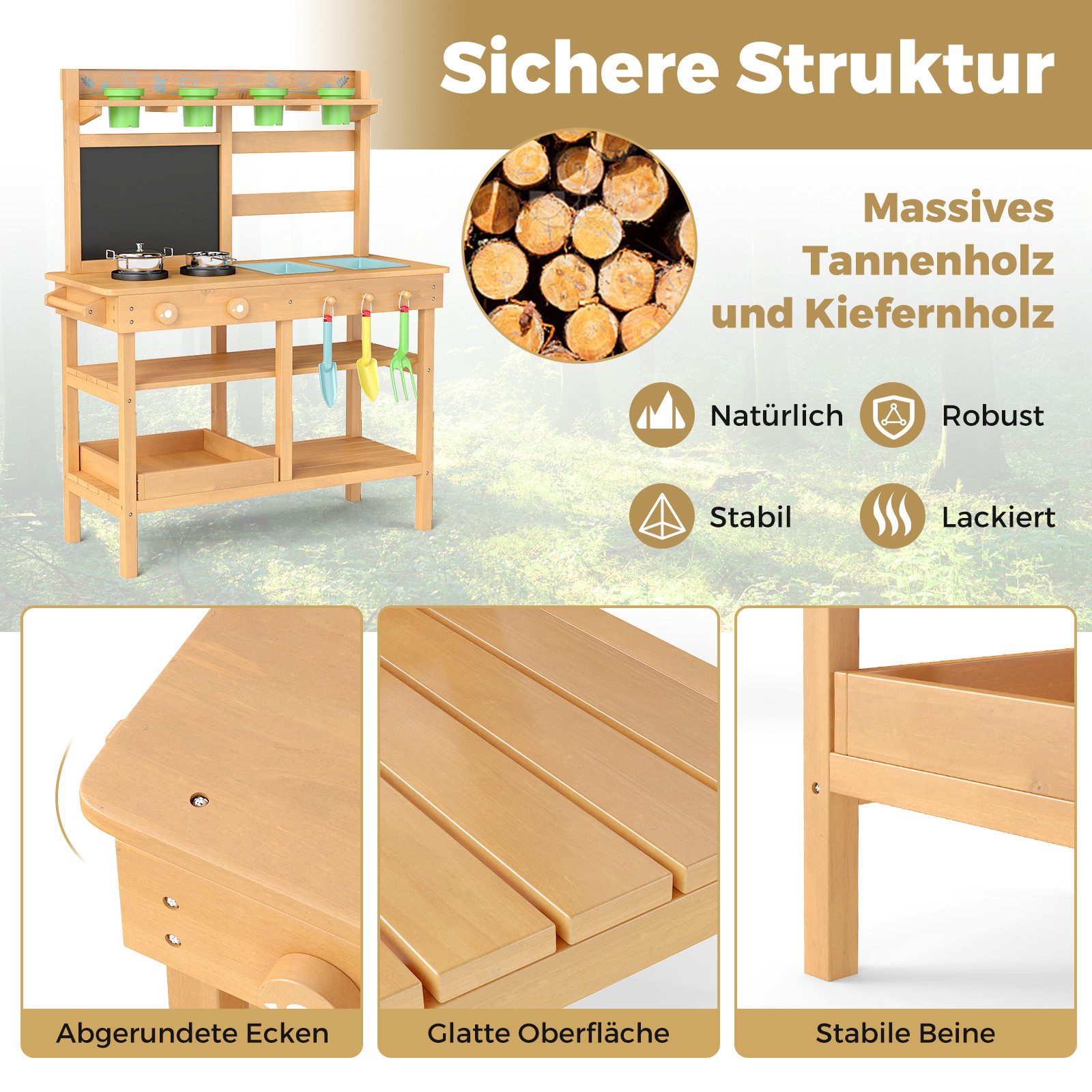 COSTWAY Outdoor-Spielküche Holz, Mit herausnehmbaren Spülen, Blumentöpfen, Pflanzzubehör