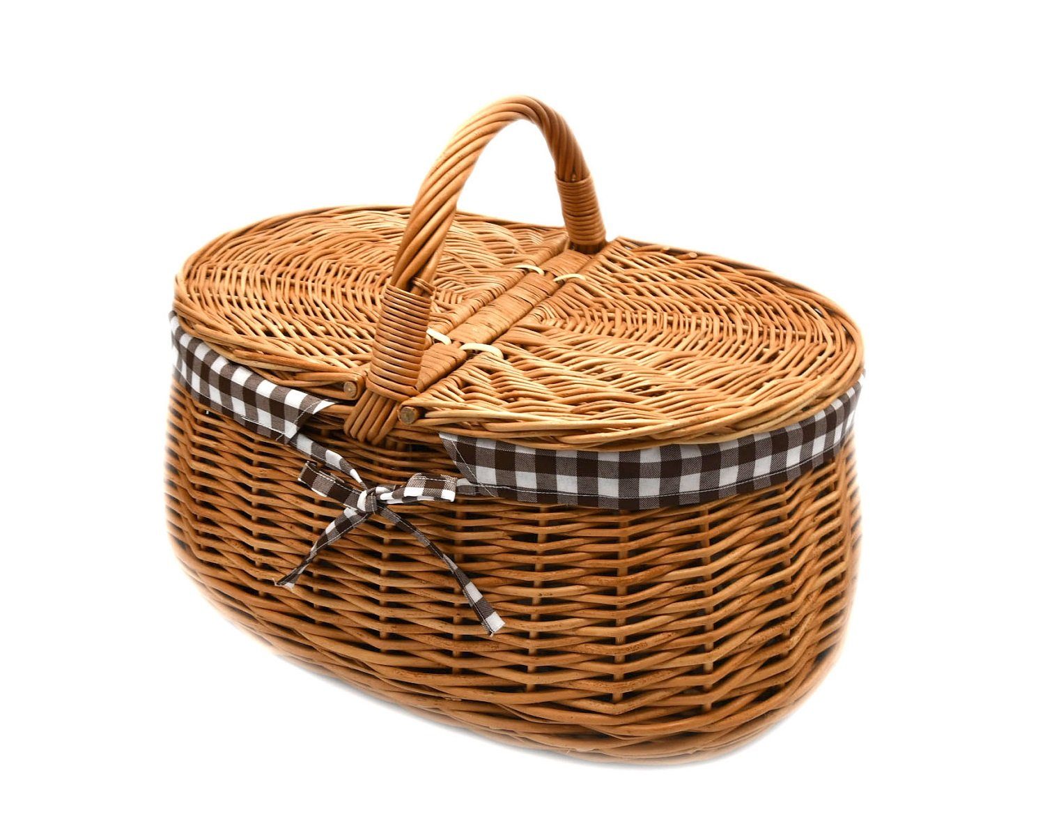 K1-030-SBRW Picknickkorb Einkaufskorb mit Tragekorb Stabiler MyBer® Weide braun mit Stoffeinlage Weidenkorb geflochten aus Deckeln 2 Korb