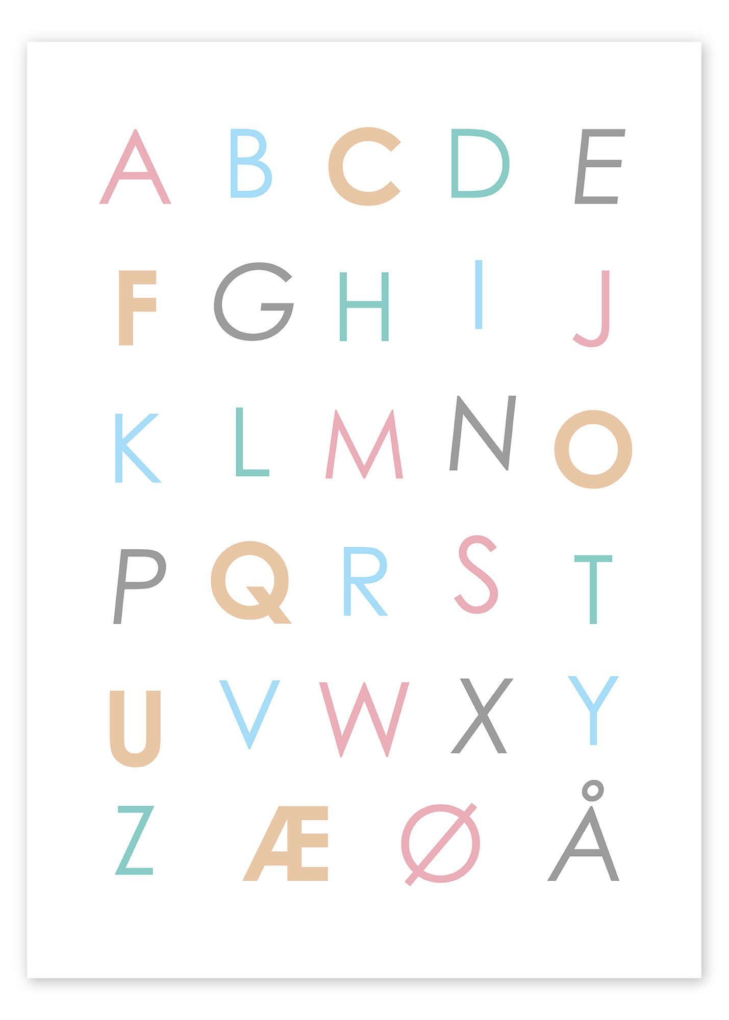 Posterlounge Wandbild Skandinavisches Alphabet bunt, Funny Quotes and Inspiration, erhältlich als Poster, Leinwandbild, Wandsticker oder Acrylglasbild