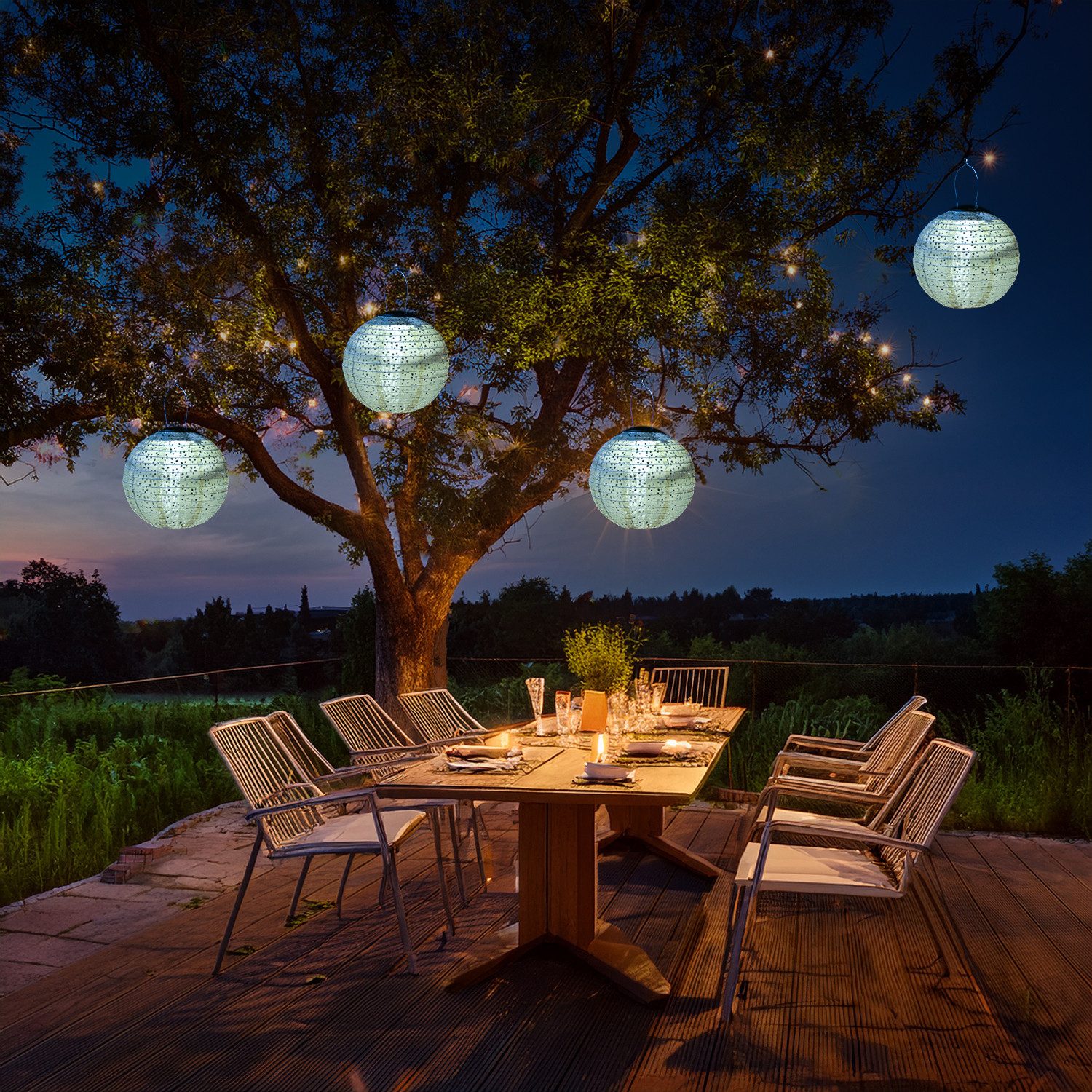 MARELIDA LED Lampion Solar Gartenlampions Blumenmuster blau 25cm Balkon Terrasse 2 Stück, LED Classic, warmweiß (2100K bis 3000K)