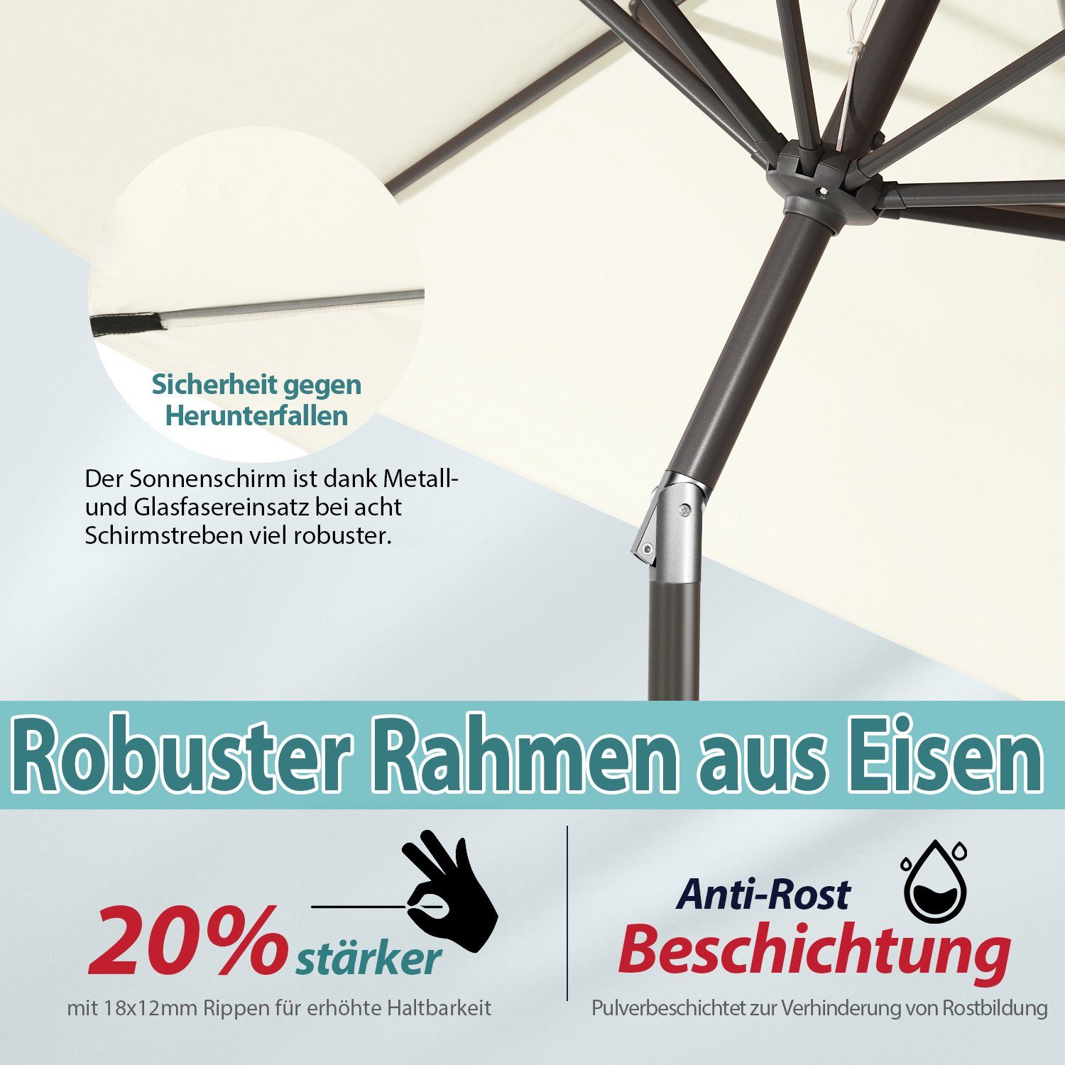 Sekey Sonnenschirm ∅ 220/270/350 cm Gartenschirm mit Kurbel Marktschirm Neigbar, LxB: 270,00x271,00 cm, Sonnenschutz UV50+, Windfest und Stabil, 100% Wasserfest – Bild 5 von 5