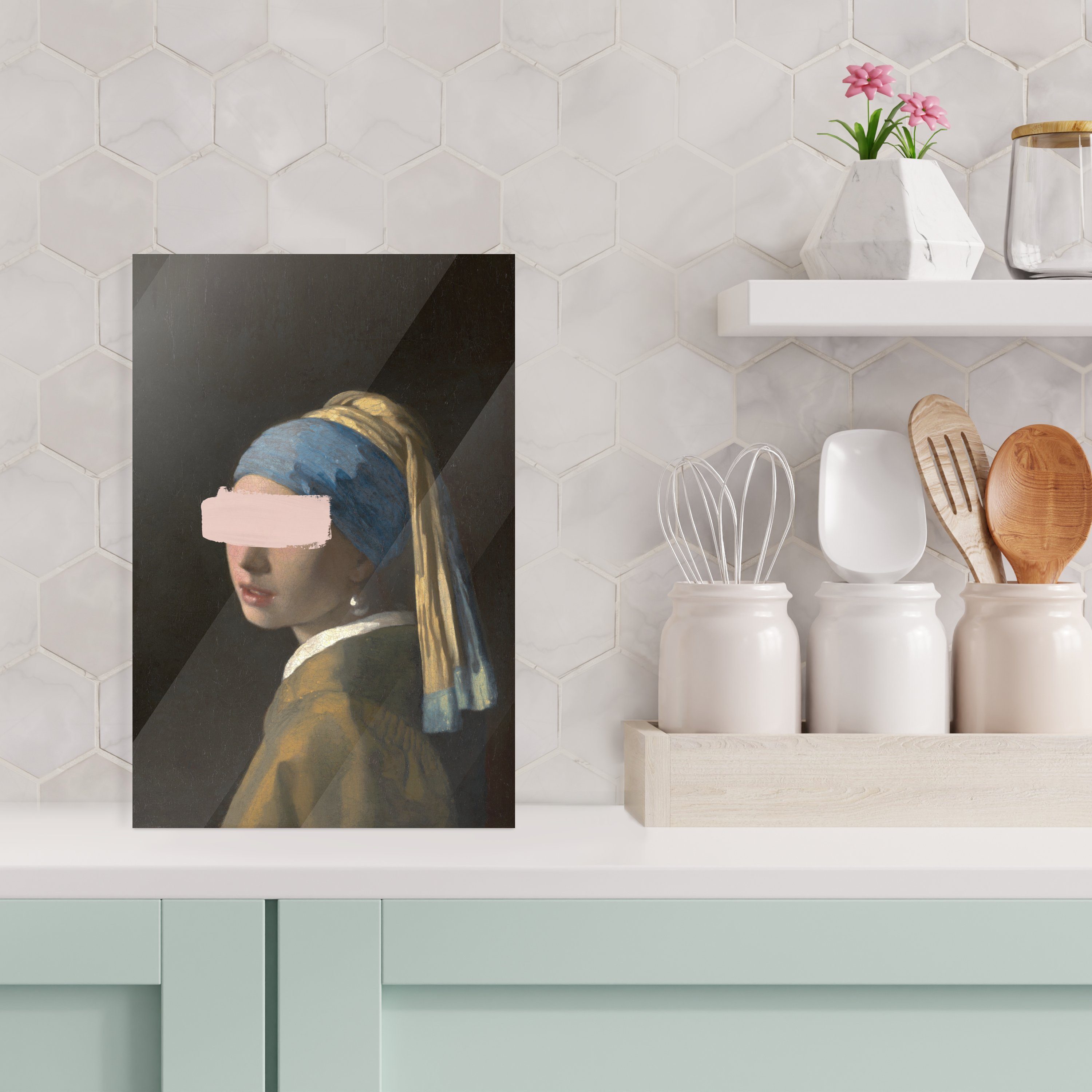 bunt - Foto Wandbild auf Wanddekoration Bilder Glasbilder Mädchen Johannes - Pastell, (1 - Acrylglasbild Vermeer St), Glas MuchoWow auf mit - Perlenohrring Glas -