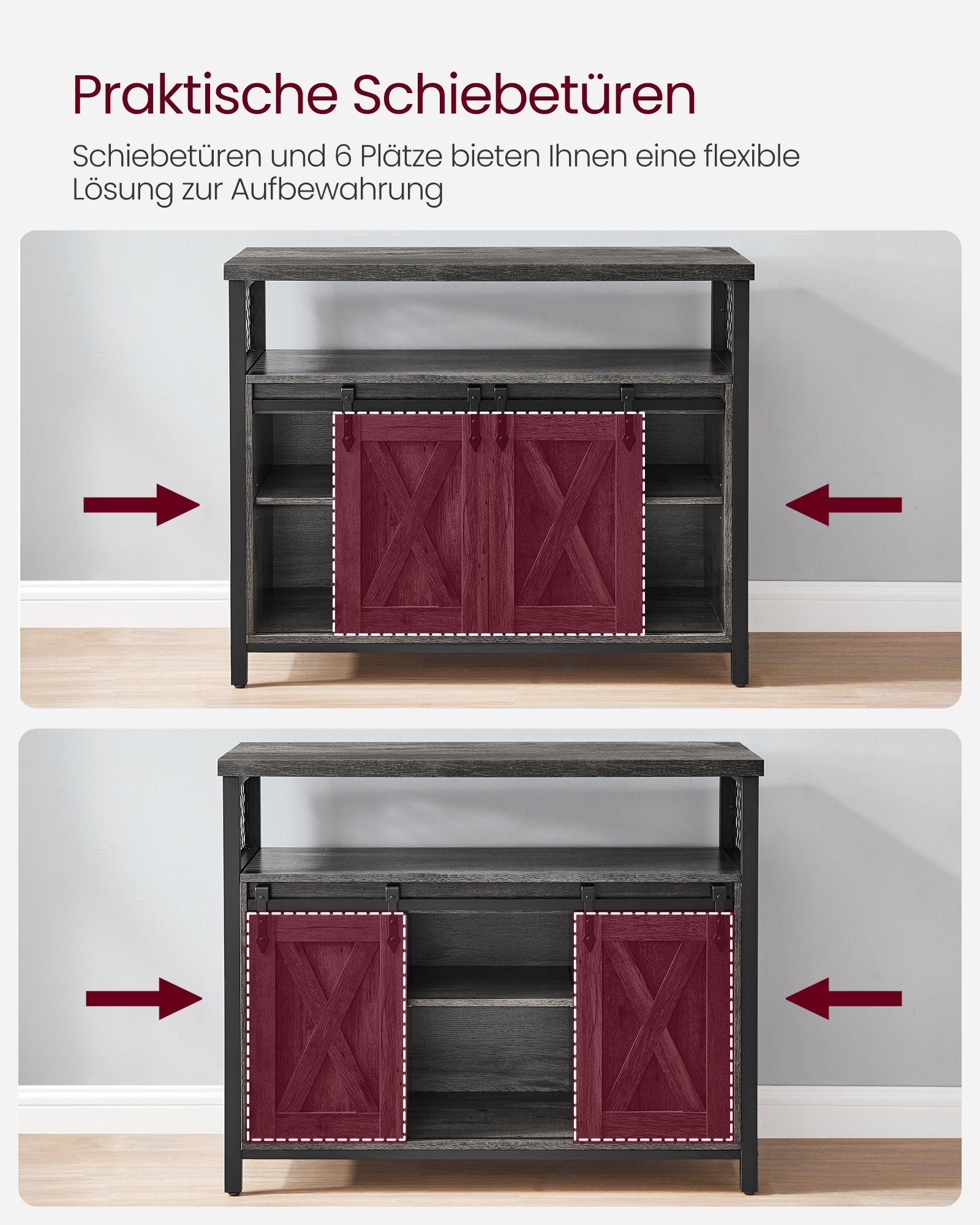 Sideboard verstellbare Ablagen Küchenschrank, anthrazitgrau-schwarz Schiebetüren, mit 2 VASAGLE