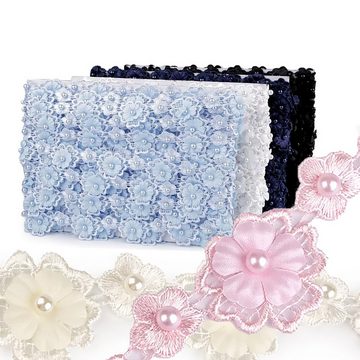 maDDma Stoff 1m Seidenblüten mit Perle Spitzenborte Satinband 30mm breit, hellblau