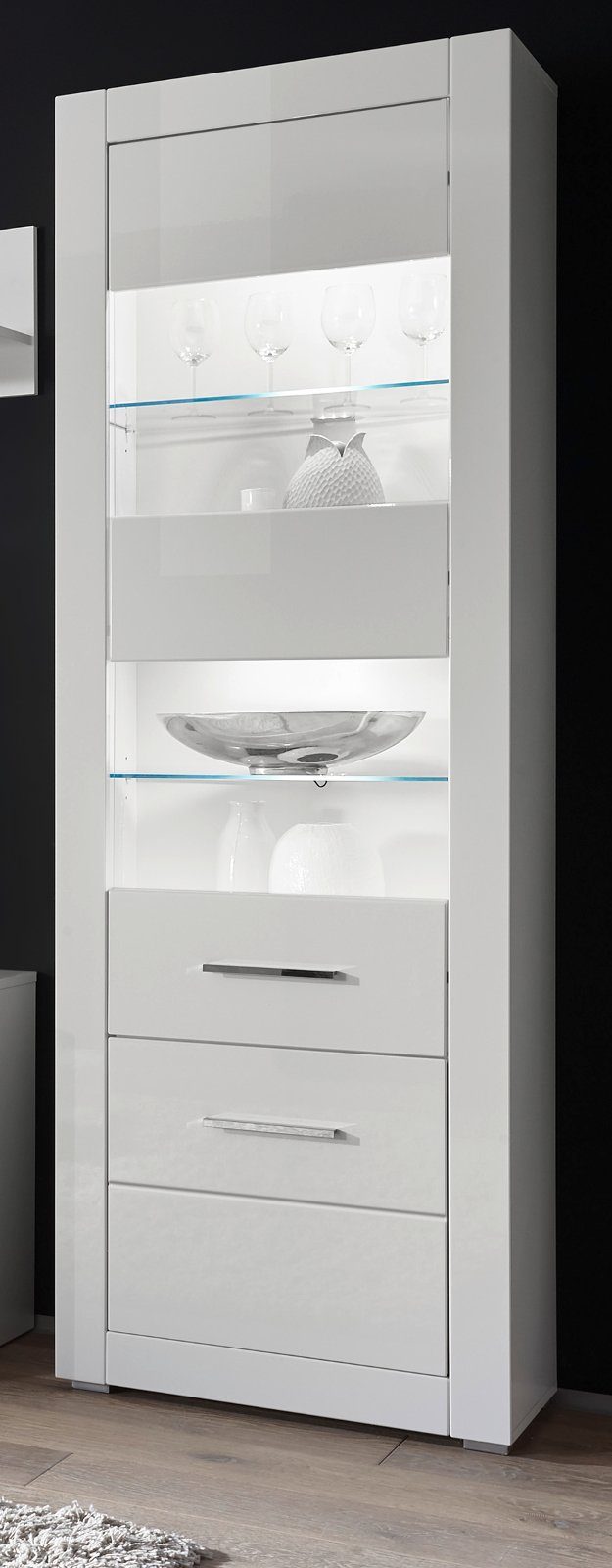 2-türig, Hochglanz Furn.Design in 198 Carrara weiß, (Standvitrine cm) Stauraumvitrine x 65