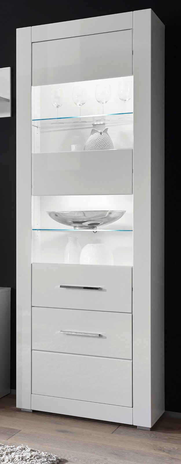 Furn.Design Stauraumvitrine Carrara (Standvitrine in weiß, 2-türig, 65 x 198 cm) Hochglanz