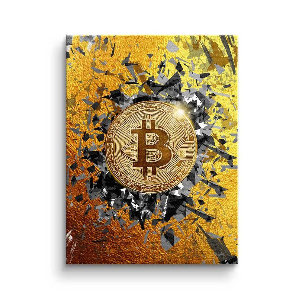 DOTCOMCANVAS® Leinwandbild Bitcoin Explosion, Premium - - Leinwandbild - Motivat Crypto Rahmen - silberner Bitcoin Trading Explosion
