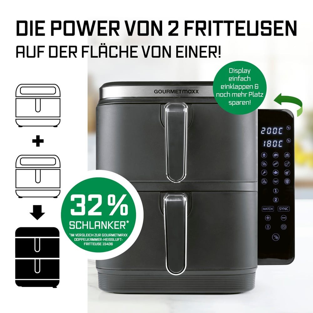 GOURMETmaxx Heißluftfritteuse FryUp Vertikaler Doppelkammer Airfryer 2x 5l, 2800 W, klappbares Touchdisplay, 32% platzsparender, Fassungsvermögen 10L