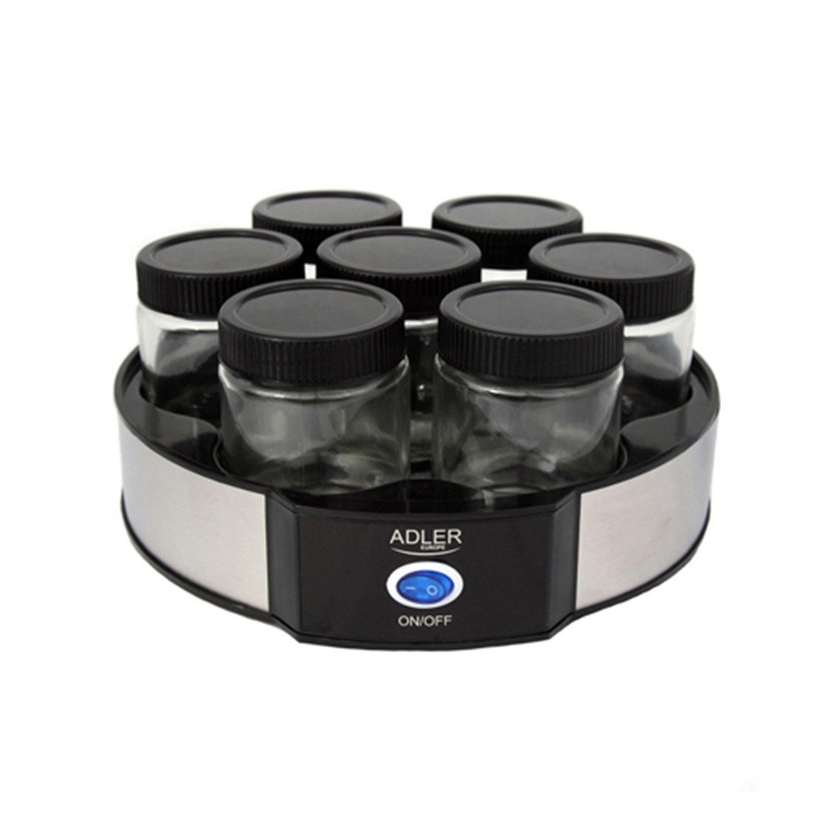 Adler Joghurtbereiter AD 4476 - 7 Glasgefäße mit Schraubdeckel 20 W Schwarz/Silber, 7 Portionsbehälter, je 200 ml, Energiesparend mit nur 20 W, Konstante Gärtemperatur von 42 °C