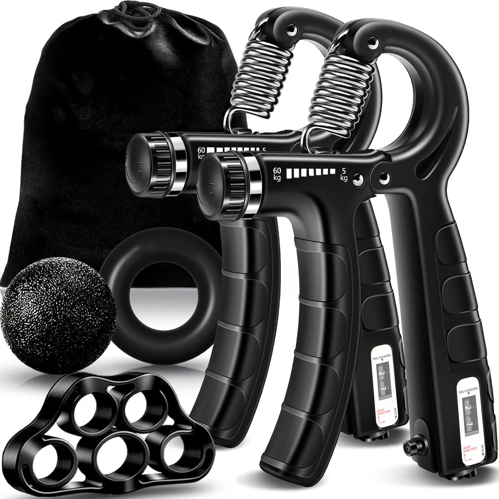 SURFOU Handmuskeltrainer Handtrainer Trainingsset, Griffkraft Trainer (5-St), Einstellbarer Widerstand 5-60kg mit Trainingsring & Griffball