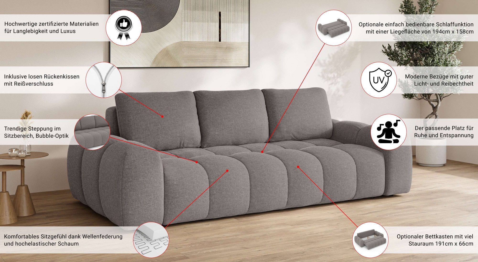 OTTO home 3-Sitzer AZITA optionale Schlafsofa mit Bettkasten, Breite 253cm, Sofa mit Wellenunterfederung, Bubble-Optik, Verlässliche Qualität – Bild 3 von 5