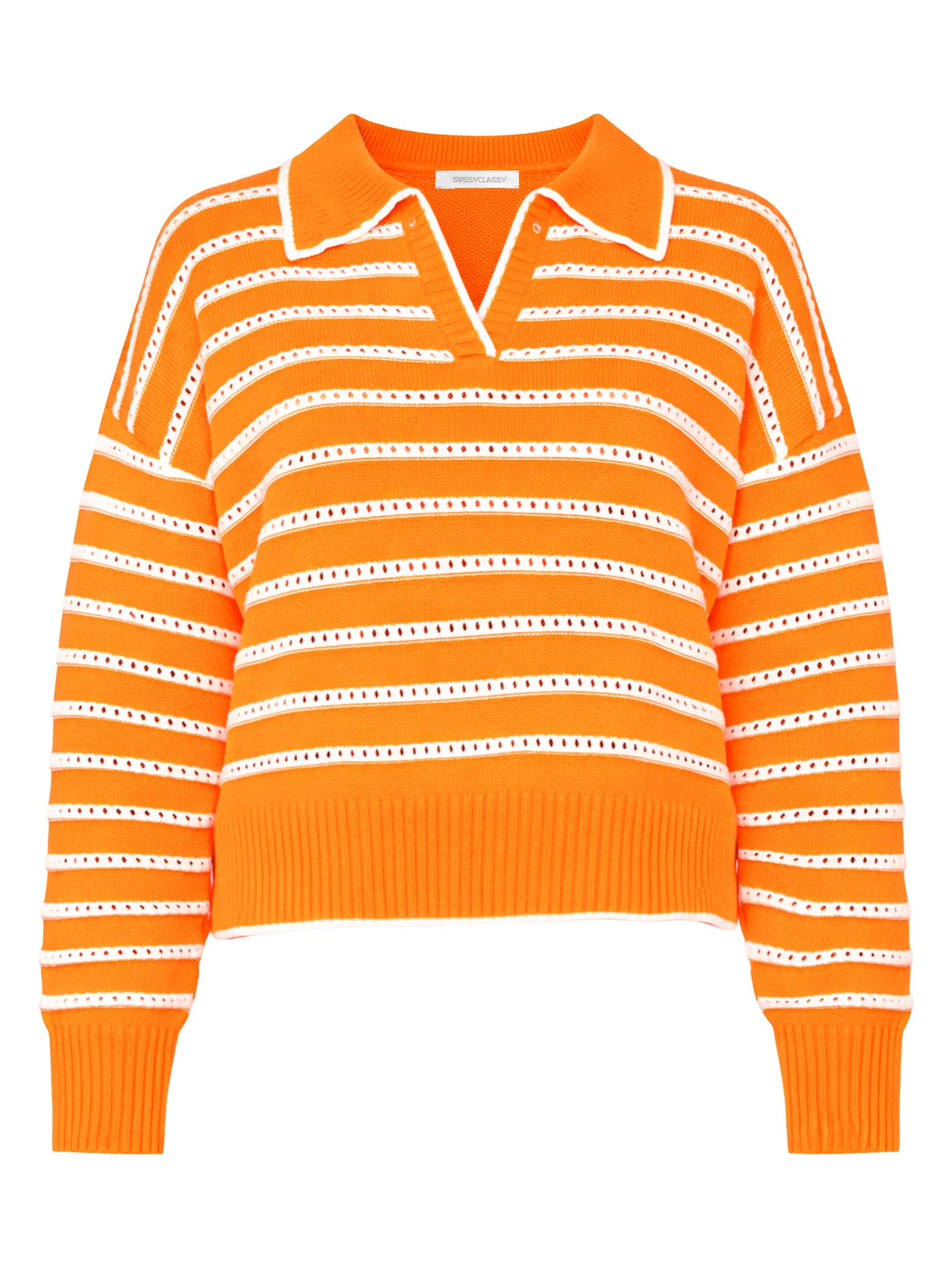 SASSYCLASSY Strickpullover Feinstrickpullover mit Polokragen für Damen Pullover mit Ajourstreifen und V-Ausschnitt in lockerem Schnitt