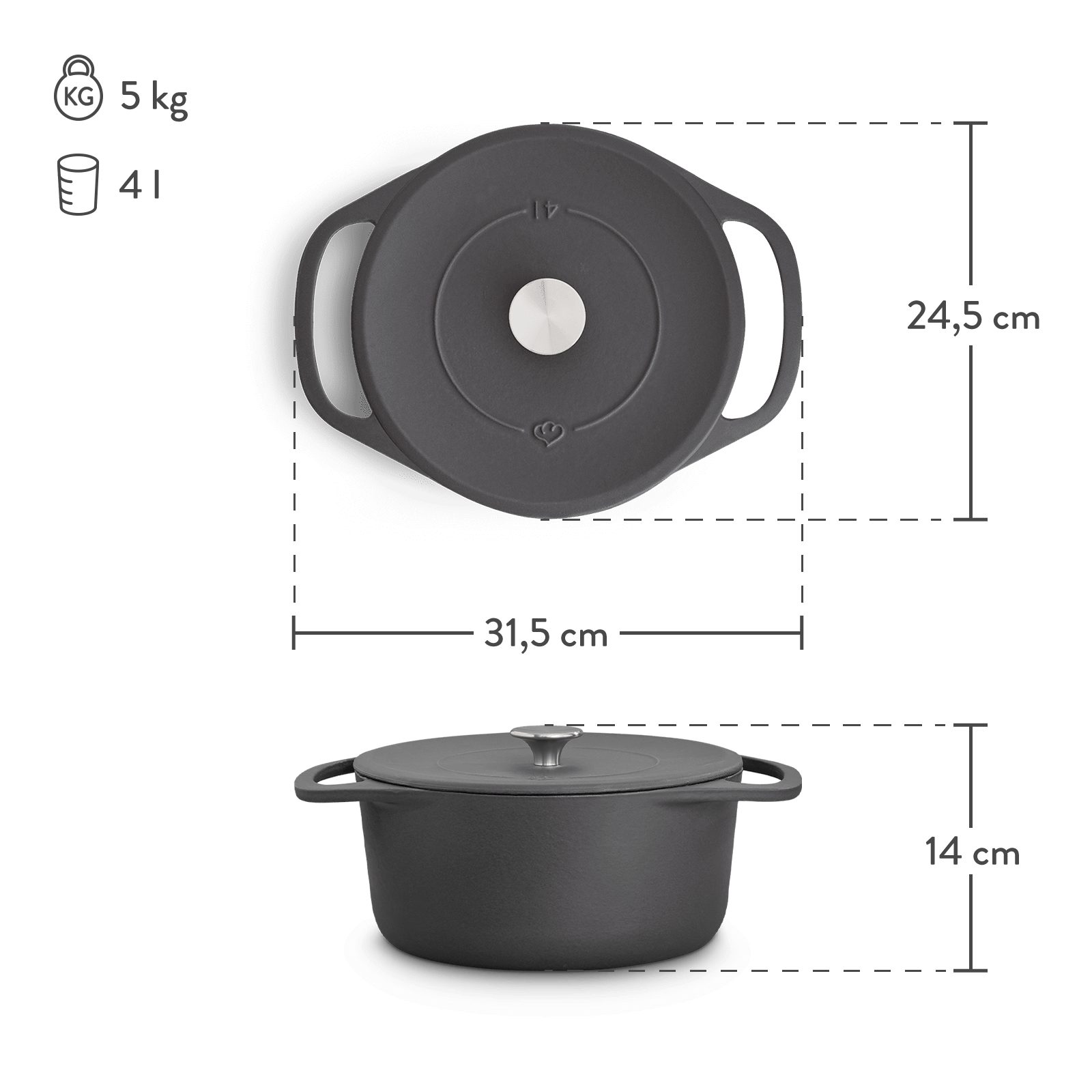 Springlane Bräter Cocotte Grau mit Deckel, Gusseisen, 4 L, Ø 24cm, Rund, Gusseisen emailliert, Edelstahl, Ideale Feuchtigkeitsverteilung durch Tropfenstruktur