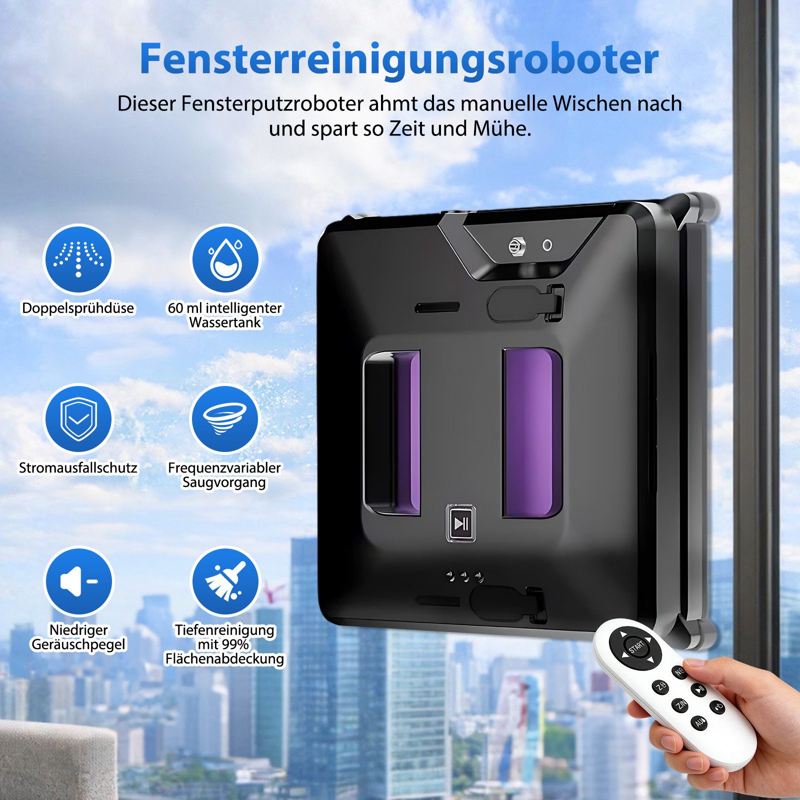 AKKEE Fensterputzroboter Automatischer Fensterputzroboter, Fenstersauger Mit Wassersprühsystem – Bild 2 von 5