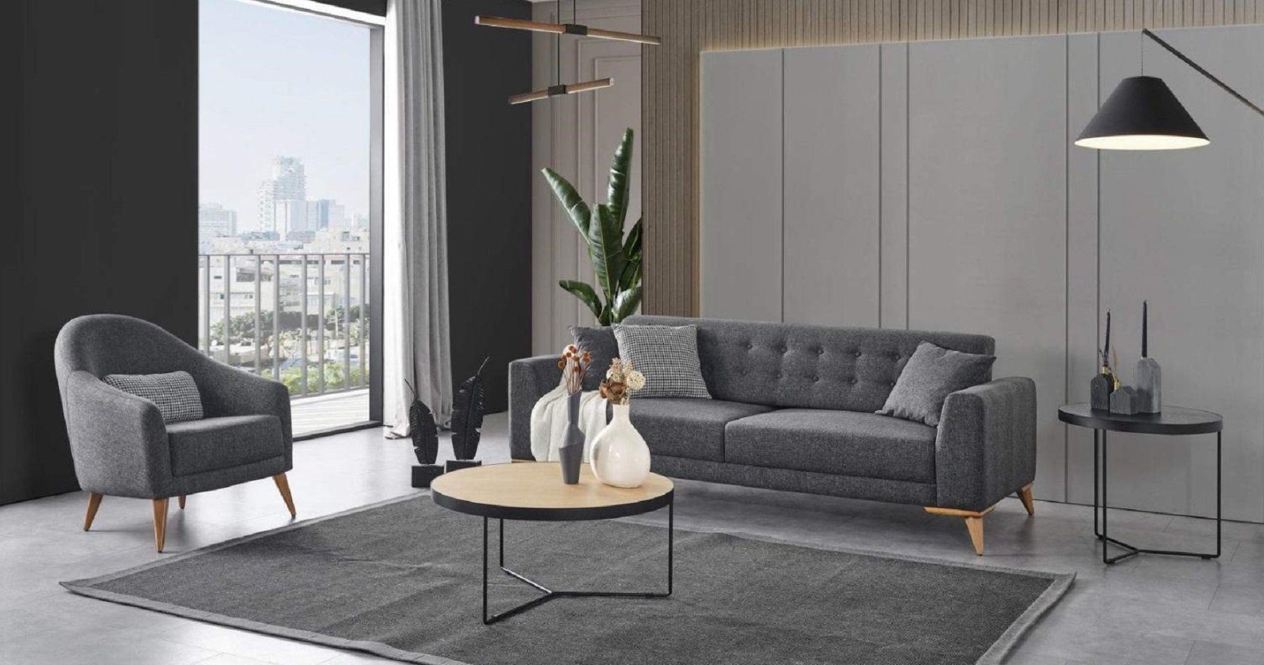 Sessel), Europe Sitzer (2-St., JVmoebel 3+1 Wohnzimmer-Set Wohnzimmer Set Made Sofa, Design + Nur Luxus Modern Möbel Stilvoll Grau in 3
