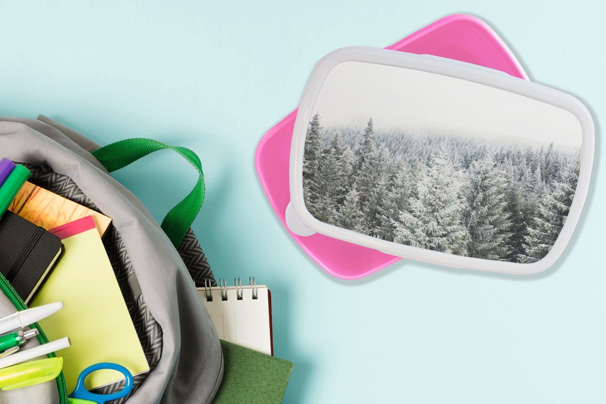 Winter Tannenbaum, Brotbox - (2-tlg), Snackbox, - Erwachsene, Mädchen, - MuchoWow Jahreszeiten Brotdose Schnee Lunchbox rosa Wald Kinder, Kunststoff, - Kunststoff für