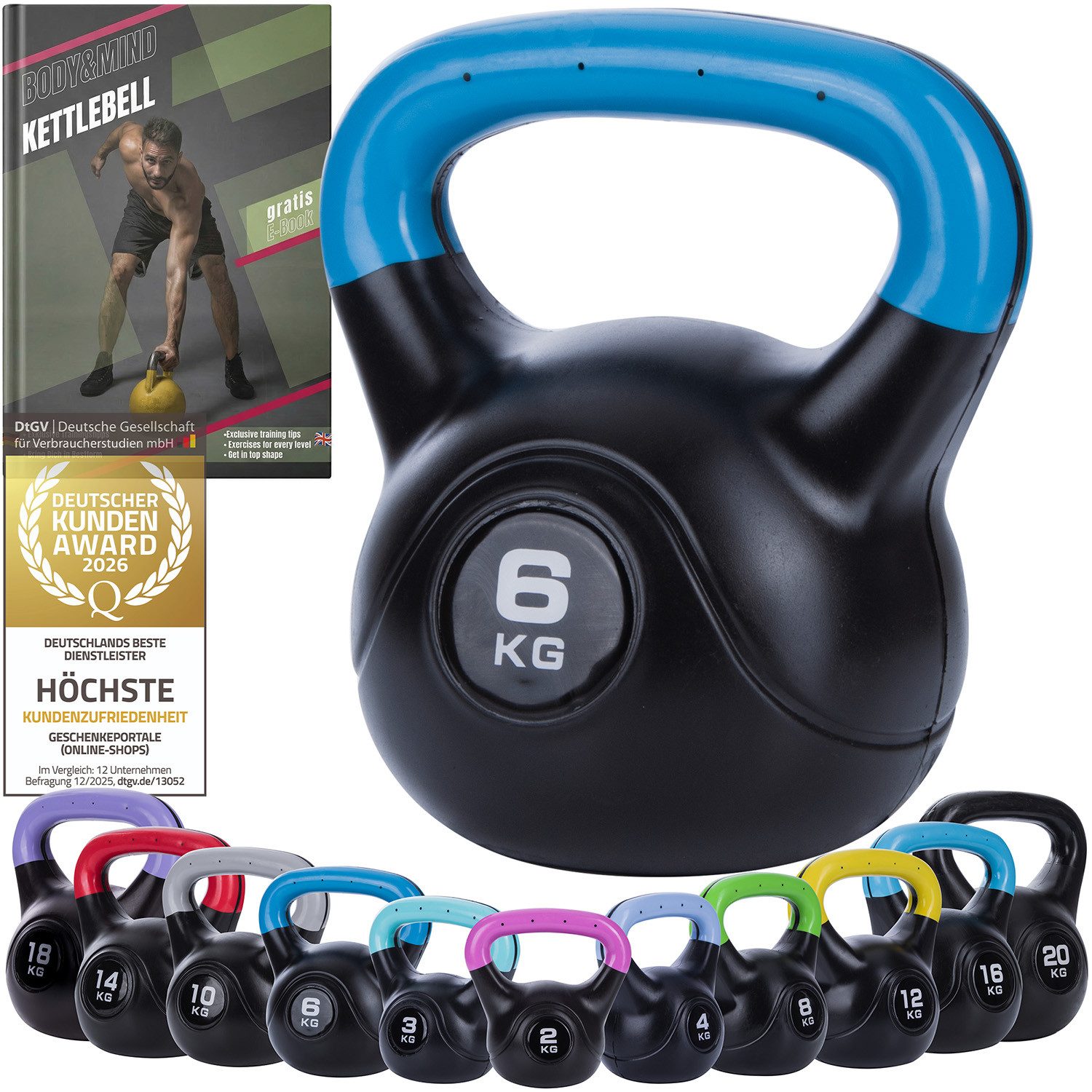 Body & Mind Kettlebell Body & Mind Kettlebell 2–20 kg – Profi Kettlebell mit Kunststoffmantel, (Profi Schwunghantel), Kraftraining Workout Gewicht (6 kg)