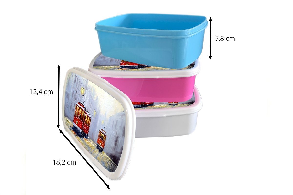 - rosa Brotdose Lunchbox Stadt Kinder, Snackbox, MuchoWow - Kunststoff Mädchen, - Kunststoff, Brotbox Öl, Straßenbahn (2-tlg), Gemälde Erwachsene, für