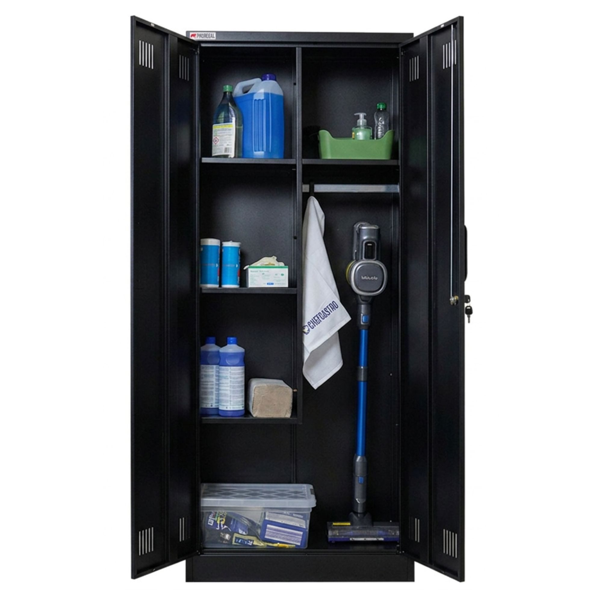 PROREGAL® Mehrzweckschrank Abschließbarer Flügeltürenschrank Stahlschrank RHINO Putzmittel- & Besenschrank Haushaltsschrank 5 Fächer & Kleiderstange