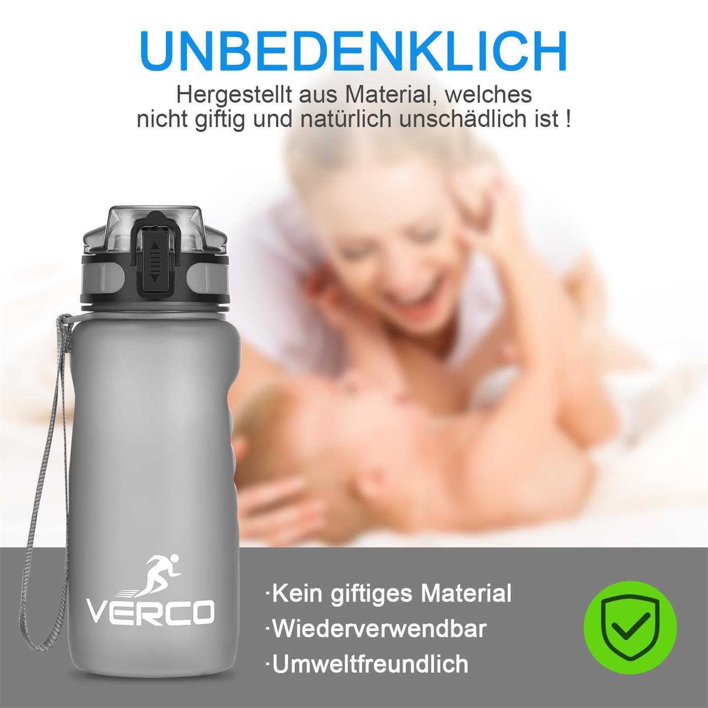 wiederverwendbar BPA Schwarz 0,65 Flasche, Fruchtsieb Tritan ml Liter Sport Wasserflasche Frei 650 mit nachhaltig VERCO Trinkflasche