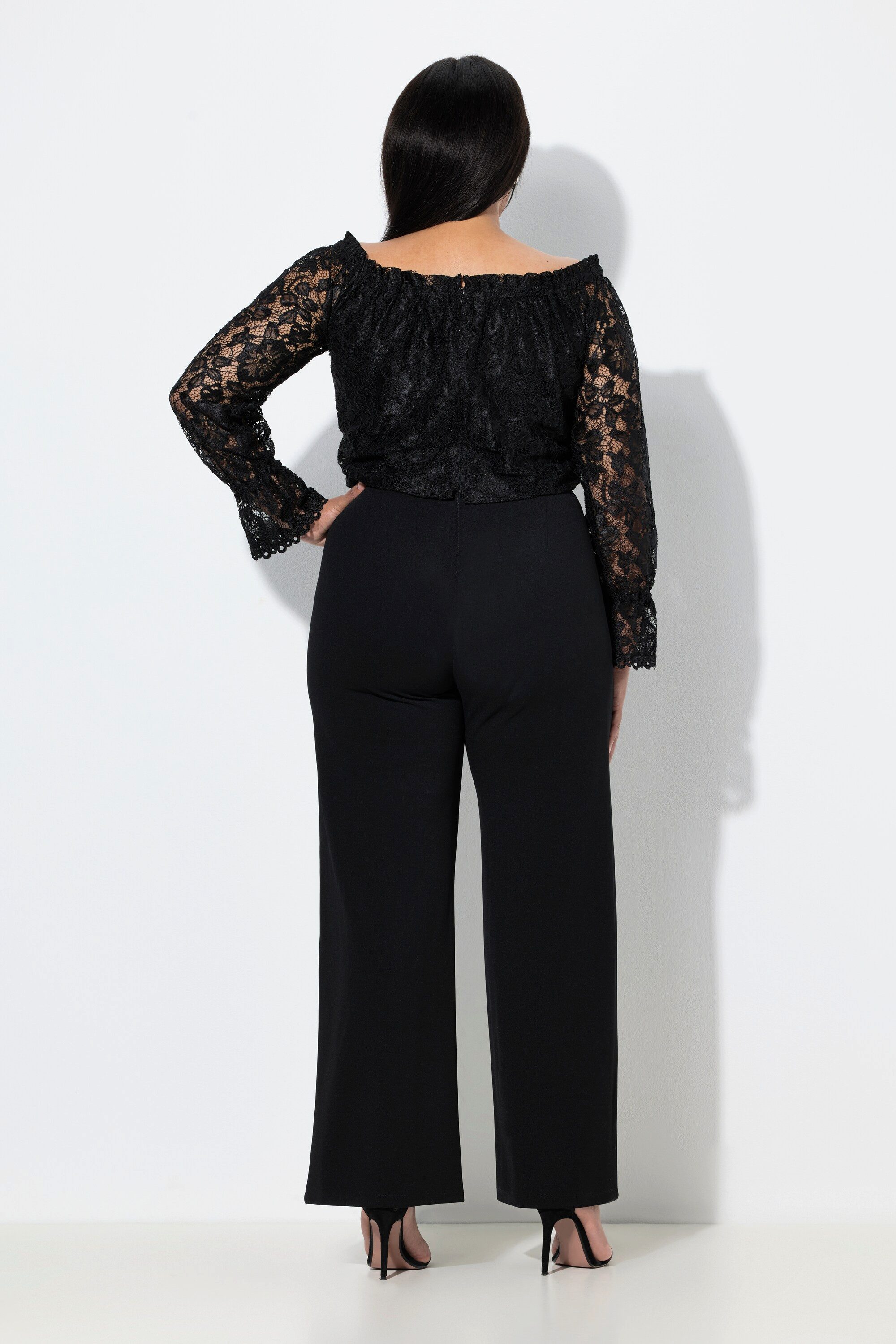 Ulla Popken Funktionshose Jumpsuit Carmen-Ausschnitt weites Bein Langarm